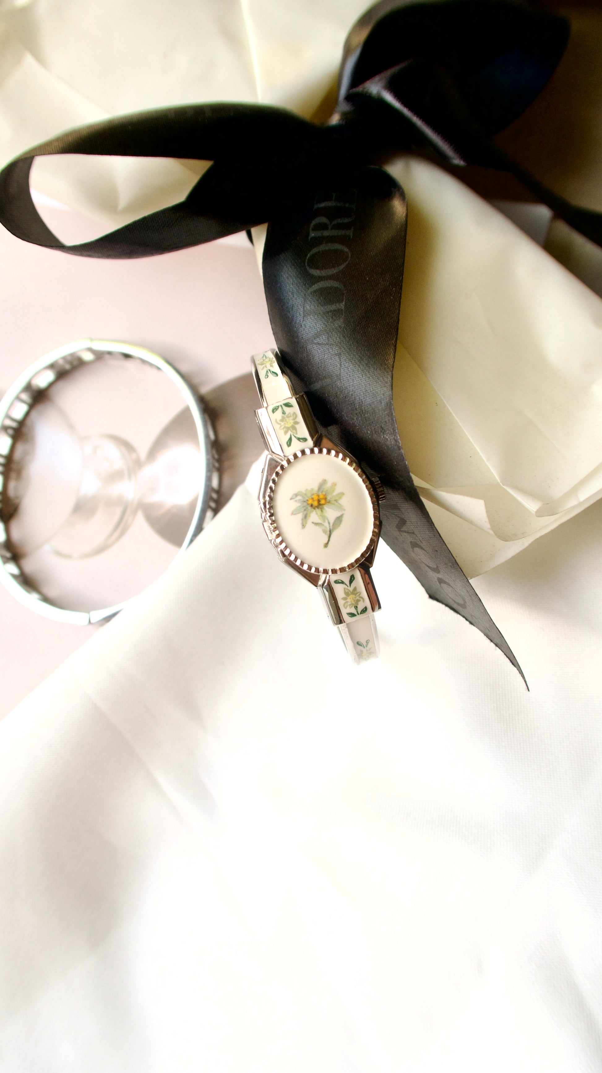 A.M. Silver Bangle with Green Flower Watch