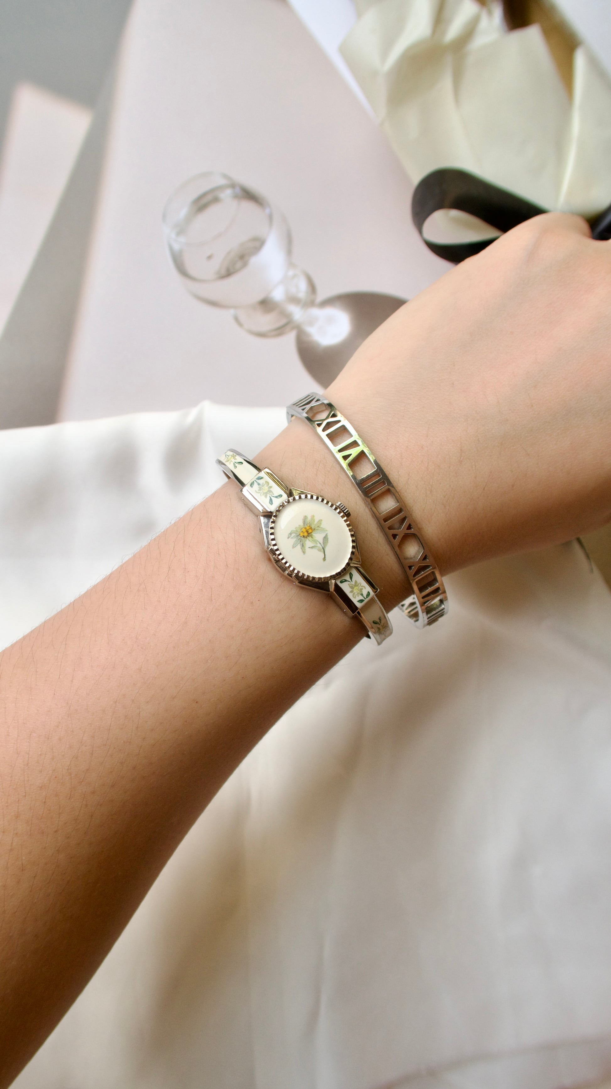 A.M. Silver Bangle with Green Flower Watch