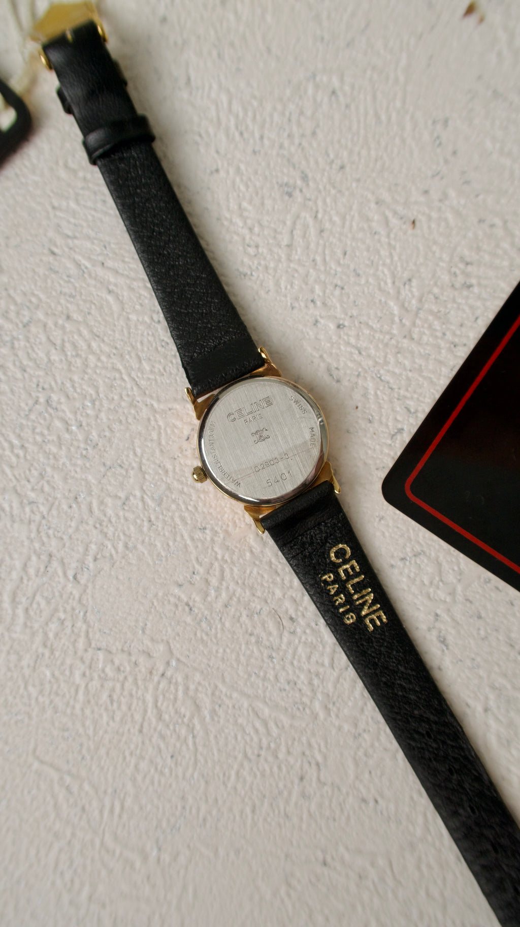 [NEW WITH BOX] CLN. White & Gold Pearl Round Dial with Black Leather Strap Watch