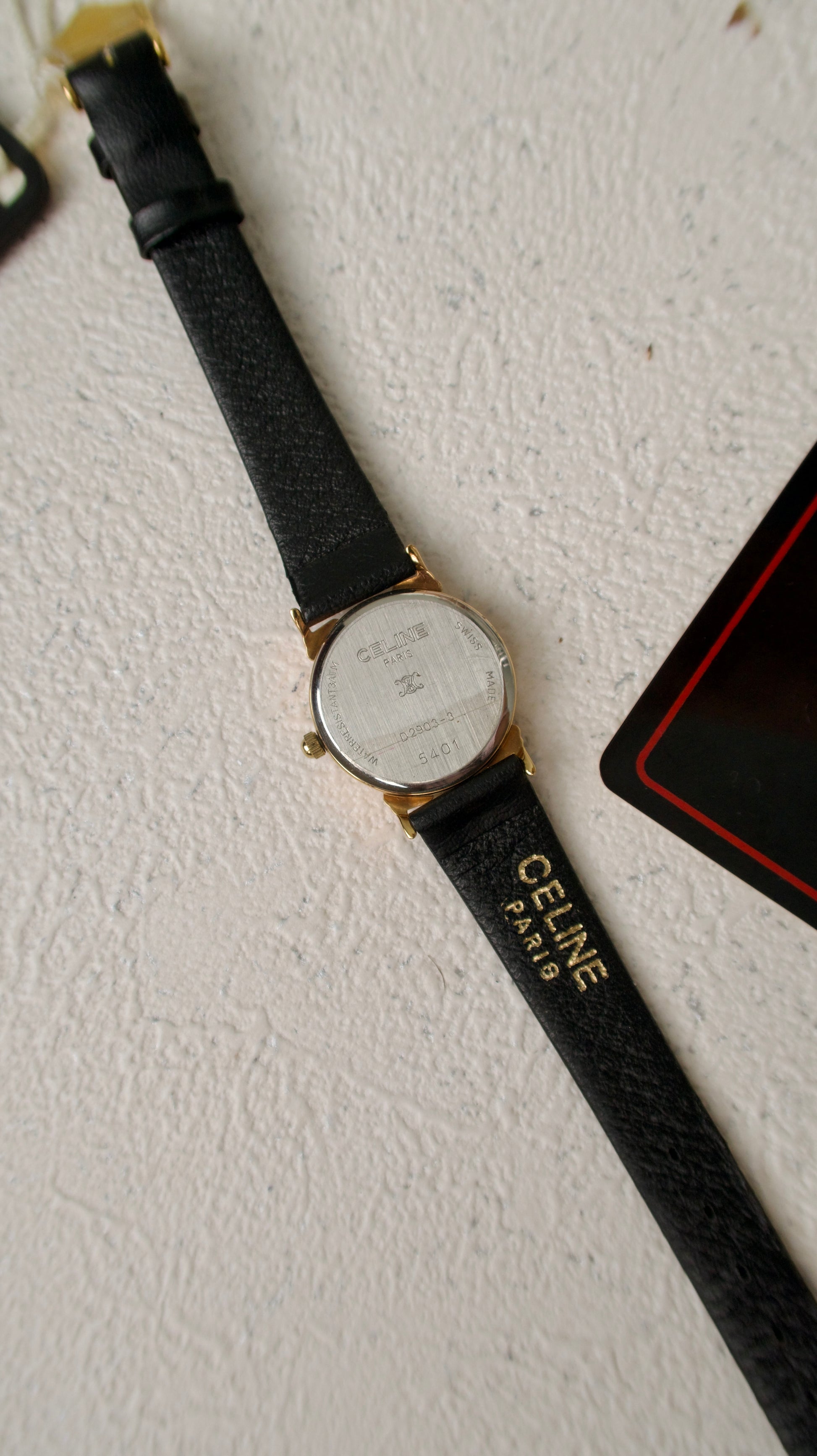 [NEW WITH BOX] CLN. White & Gold Pearl Round Dial with Black Leather Strap Watch