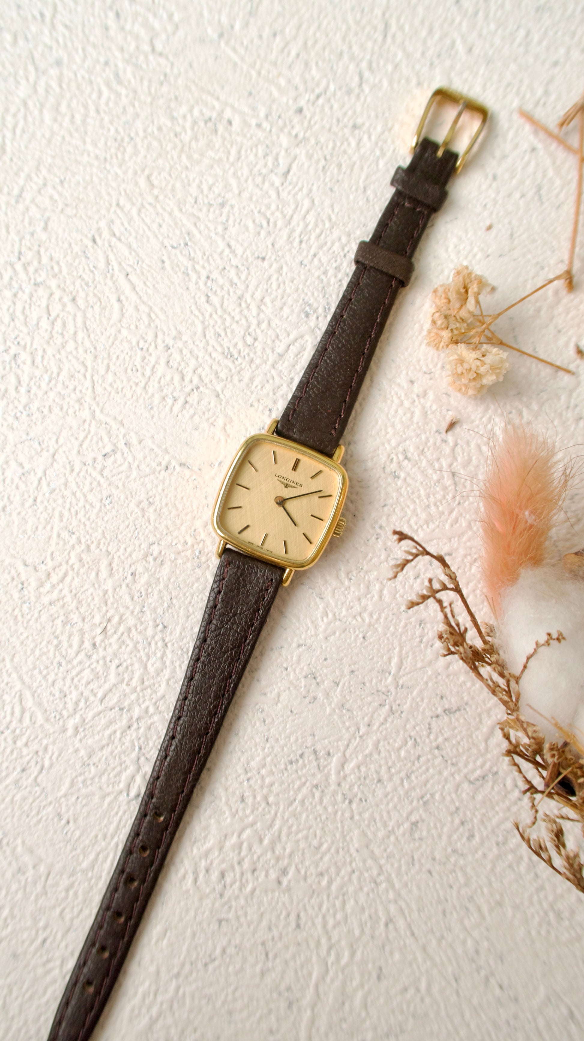 [WITH BOX] L. Gold Square Dial with Brown Leather Strap Watch