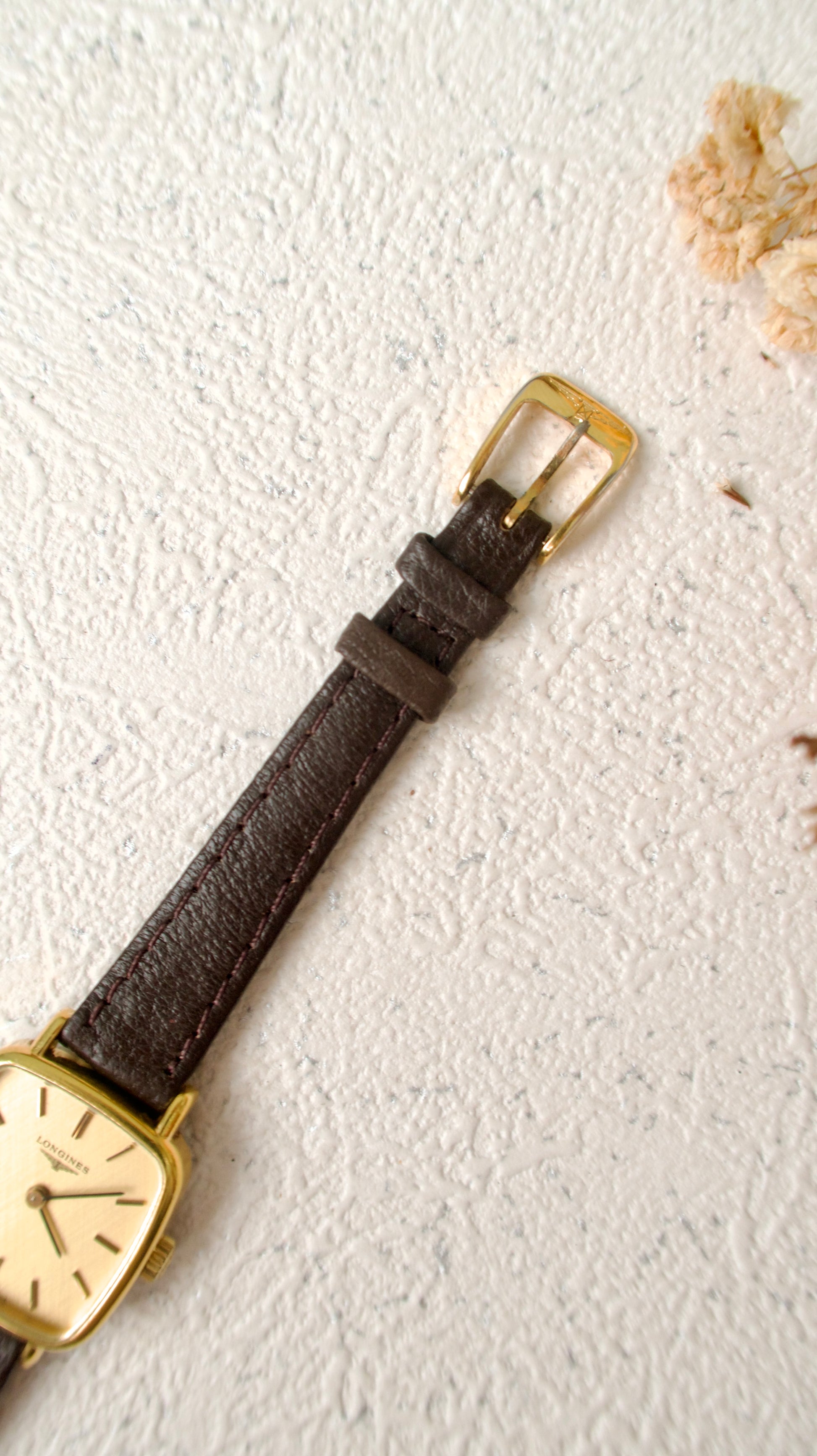 [WITH BOX] L. Gold Square Dial with Brown Leather Strap Watch