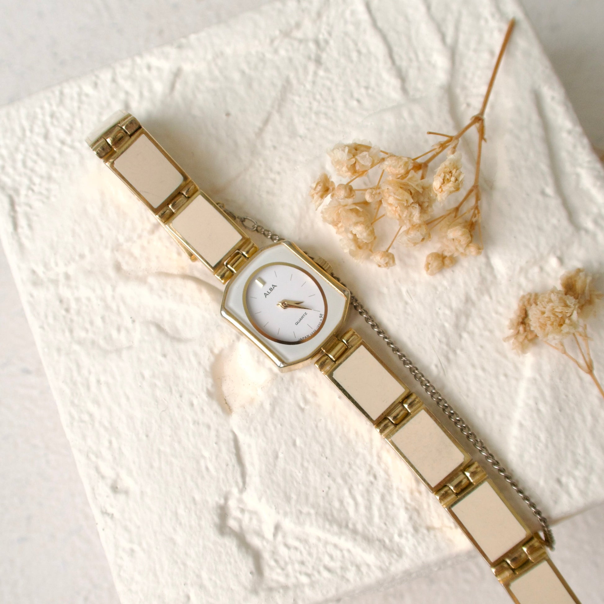 S. Alba Beige Square Chains with White Dial Watch