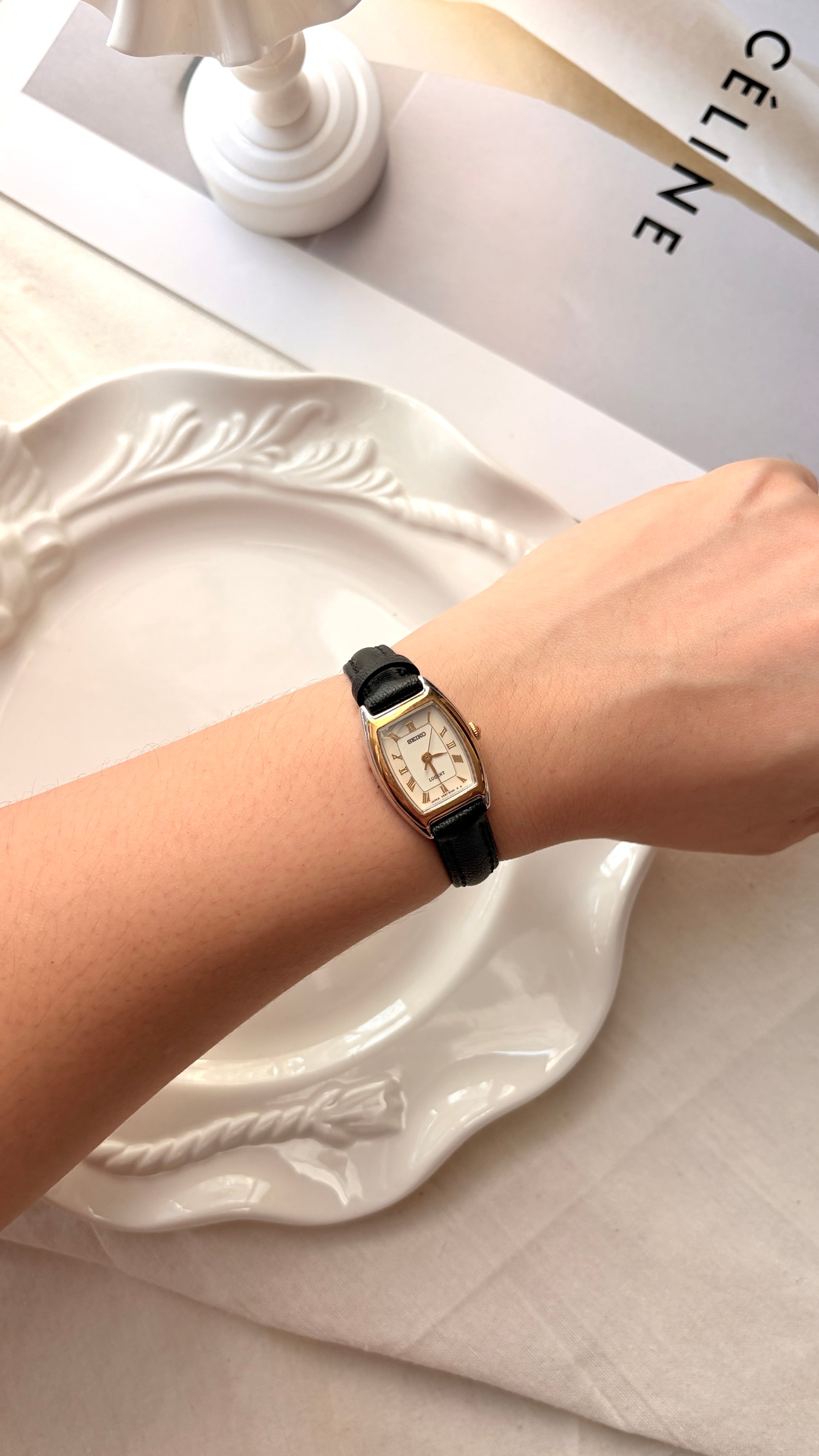 S. Lucent Oblong Rman Dial Black Strap Watch