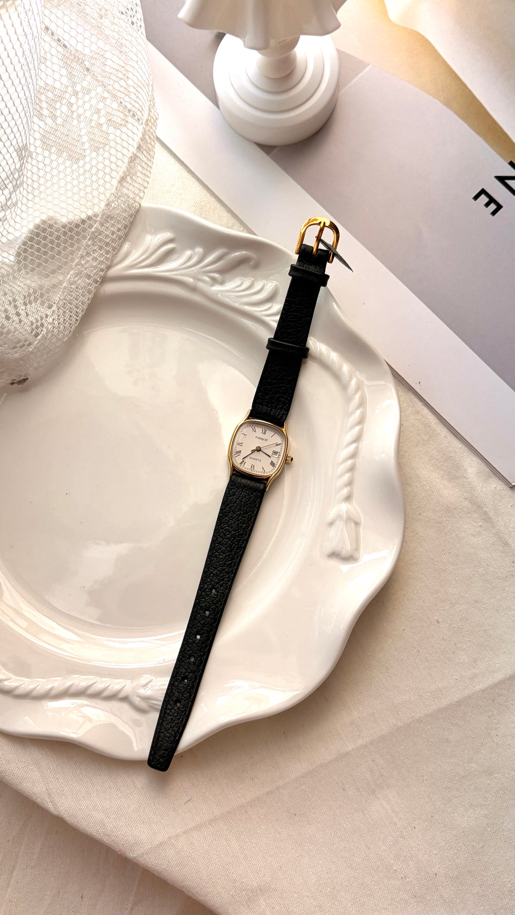 T. White Square Roman Dial Black Strap Watch