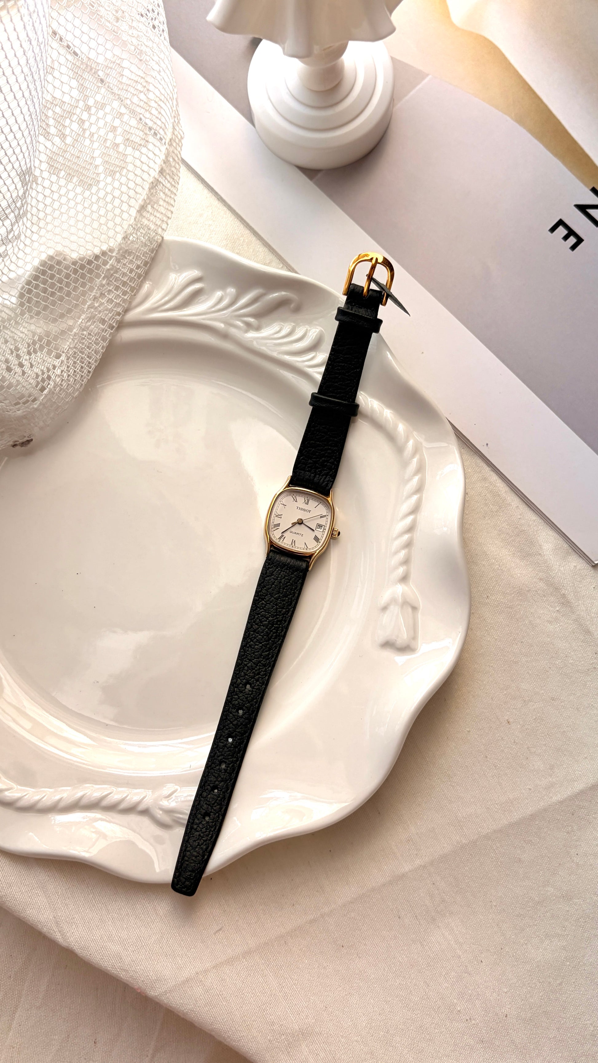 T. White Square Roman Dial Black Strap Watch