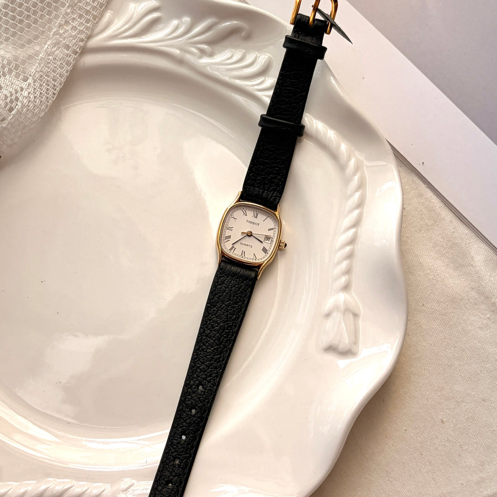 T. White Square Roman Dial Black Strap Watch