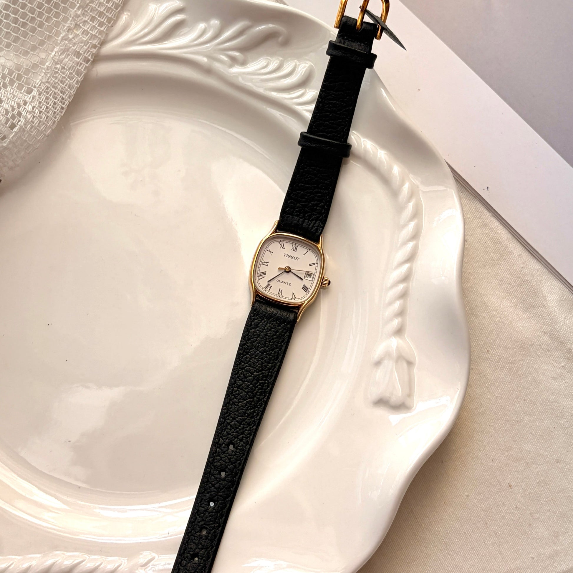 T. White Square Roman Dial Black Strap Watch
