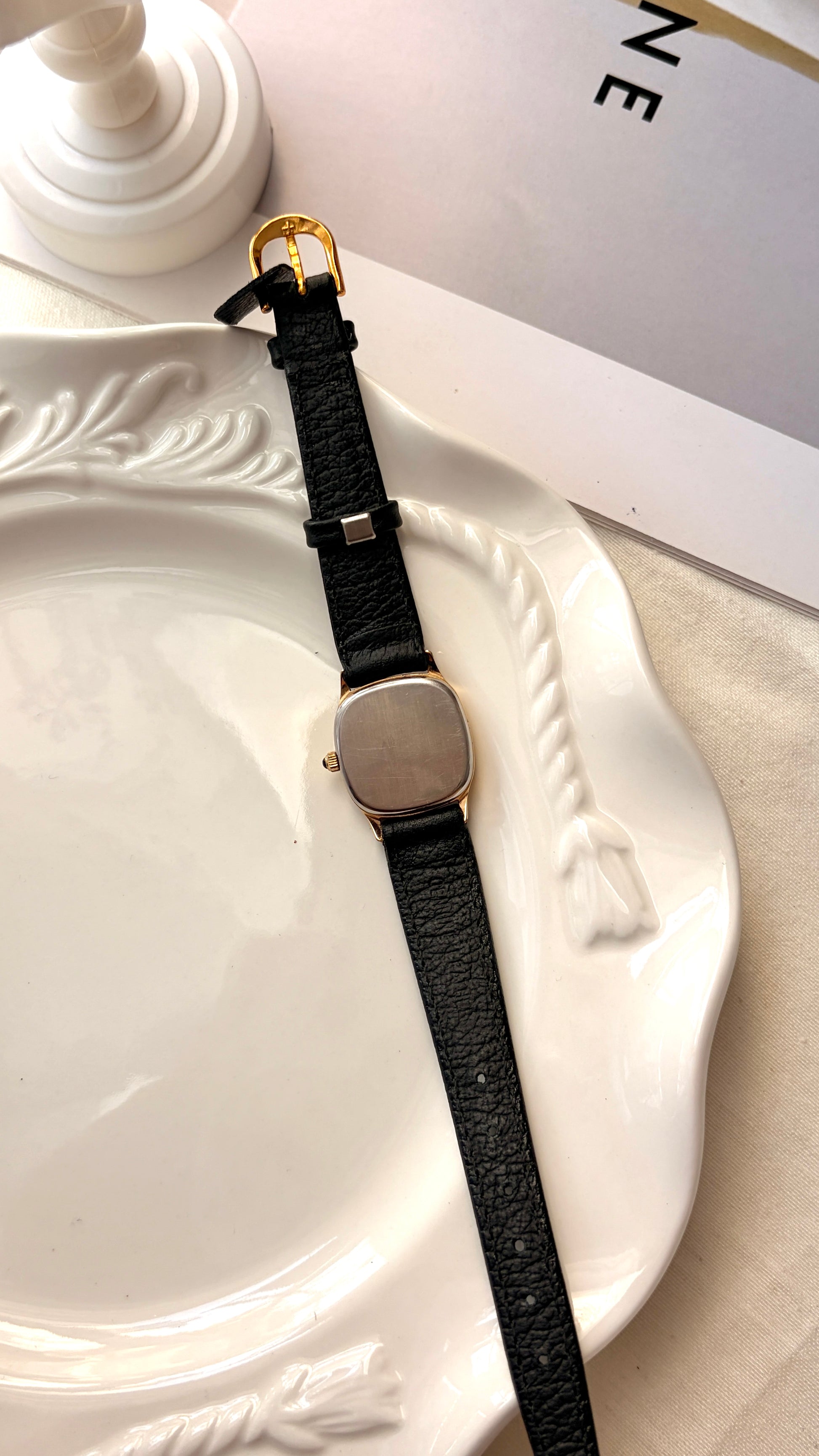 T. White Square Roman Dial Black Strap Watch