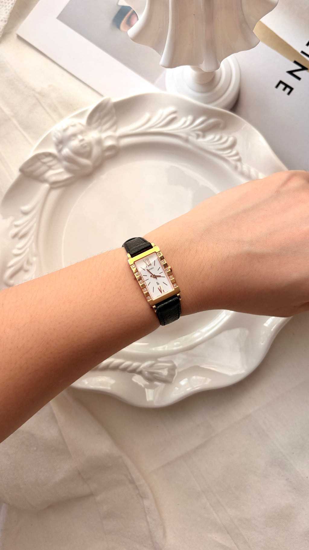 S. Lukia White Rect Dial Black Strap Watch
