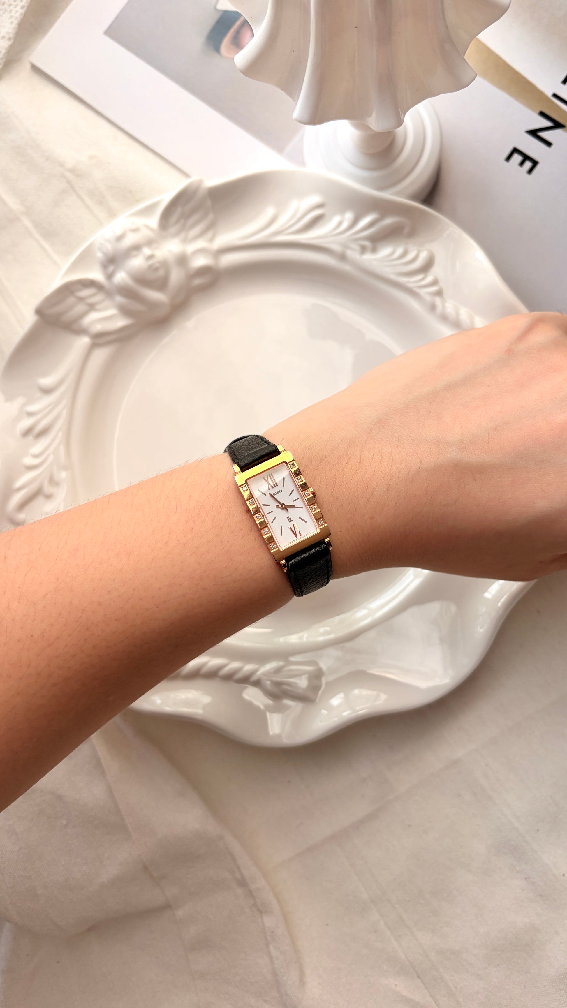 S. Lukia White Rect Dial Black Strap Watch
