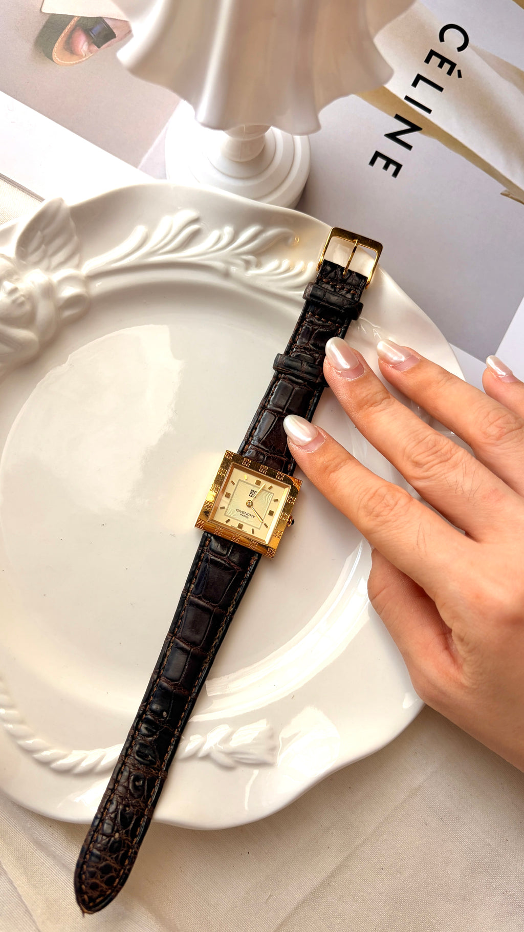 GV. Beige Square Dial with Brown Strap Watch