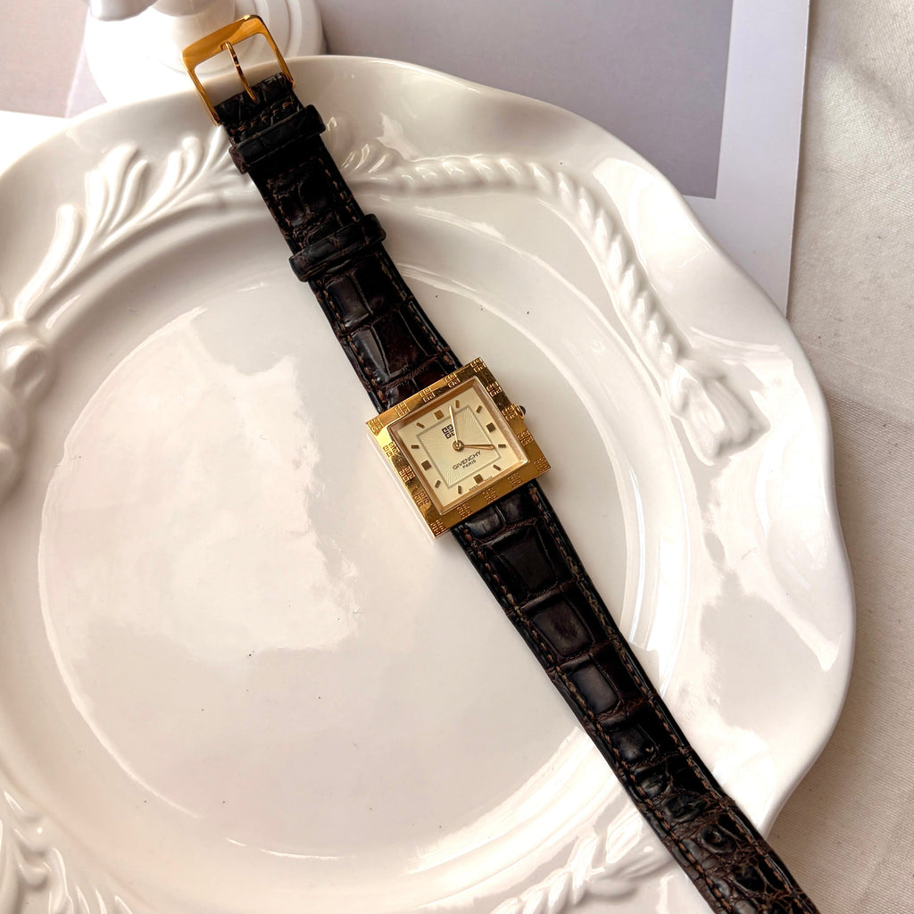 GV. Beige Square Dial with Brown Strap Watch
