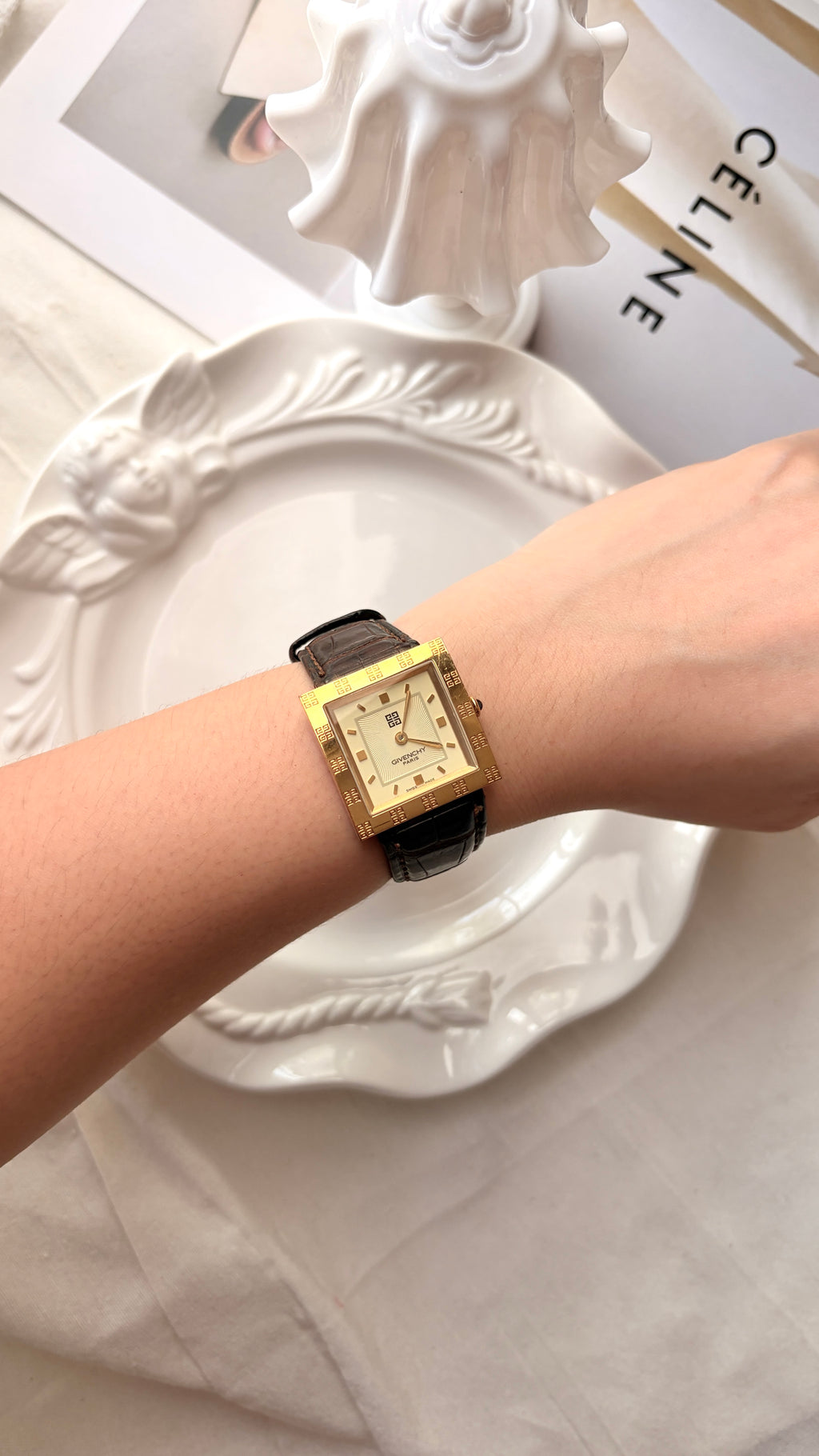 GV. Beige Square Dial with Brown Strap Watch