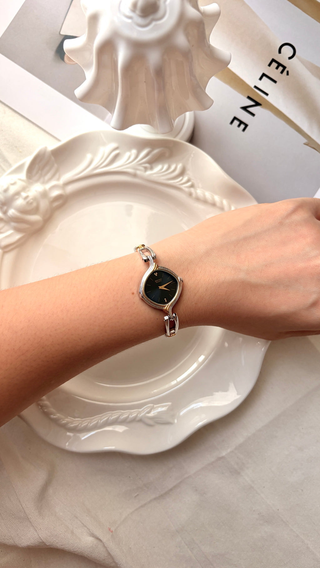 S. Blue Diamond Dial Two Tone Chain Watch