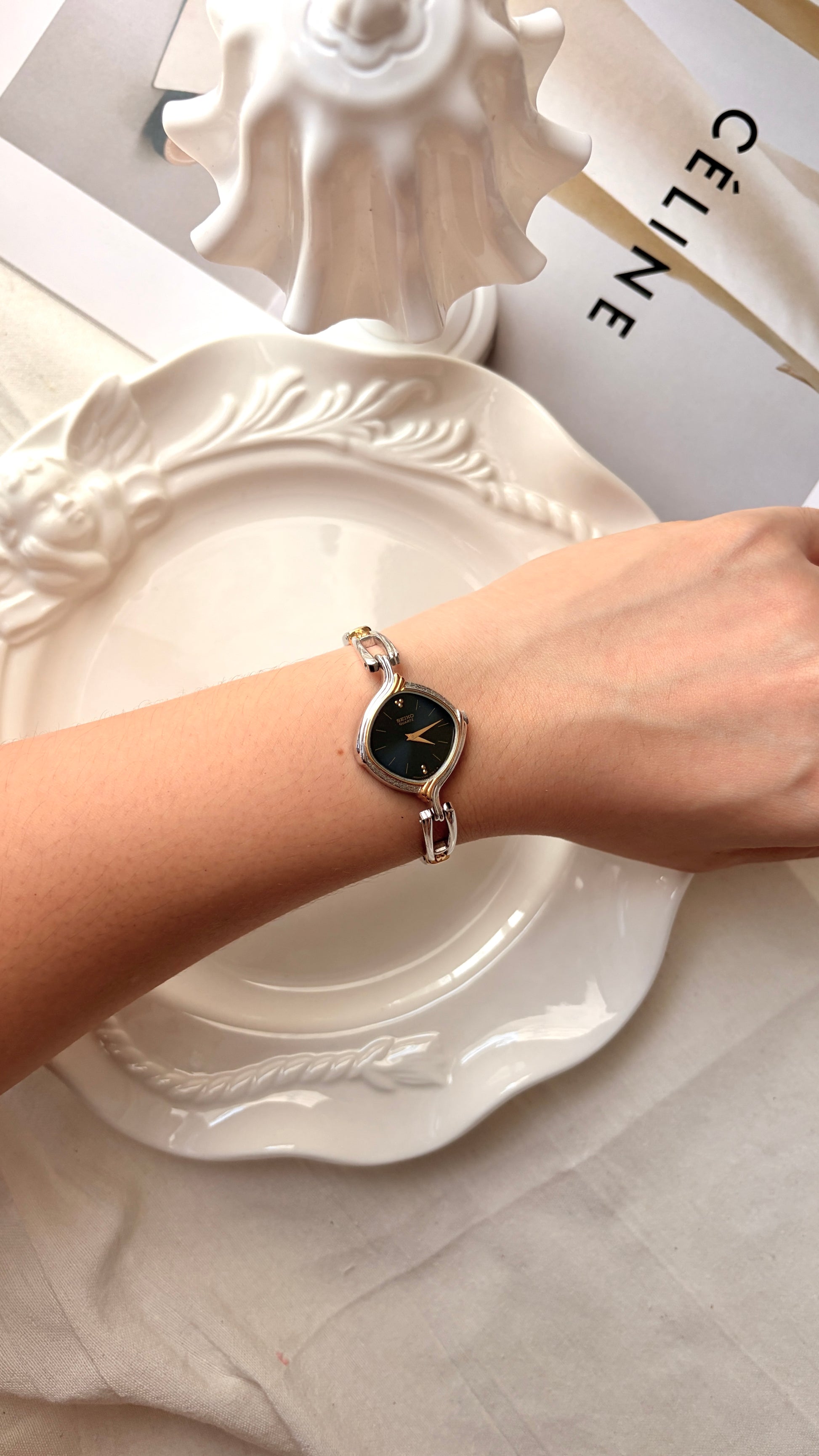 S. Blue Diamond Dial Two Tone Chain Watch