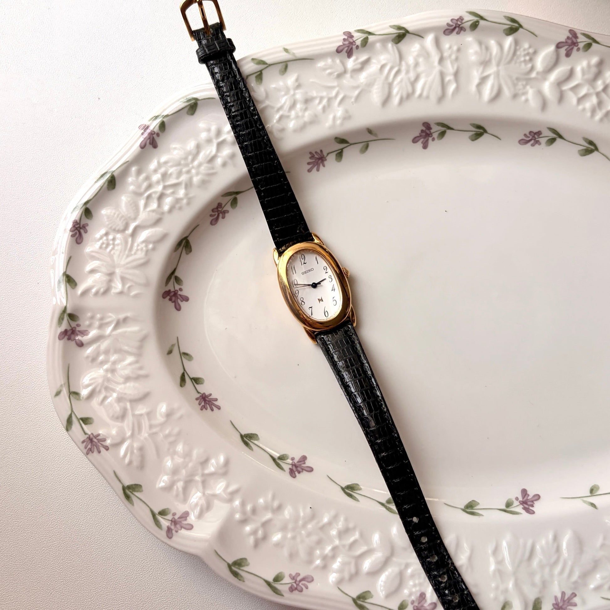 S. Noie White Oval Dial with Black Strap Watch