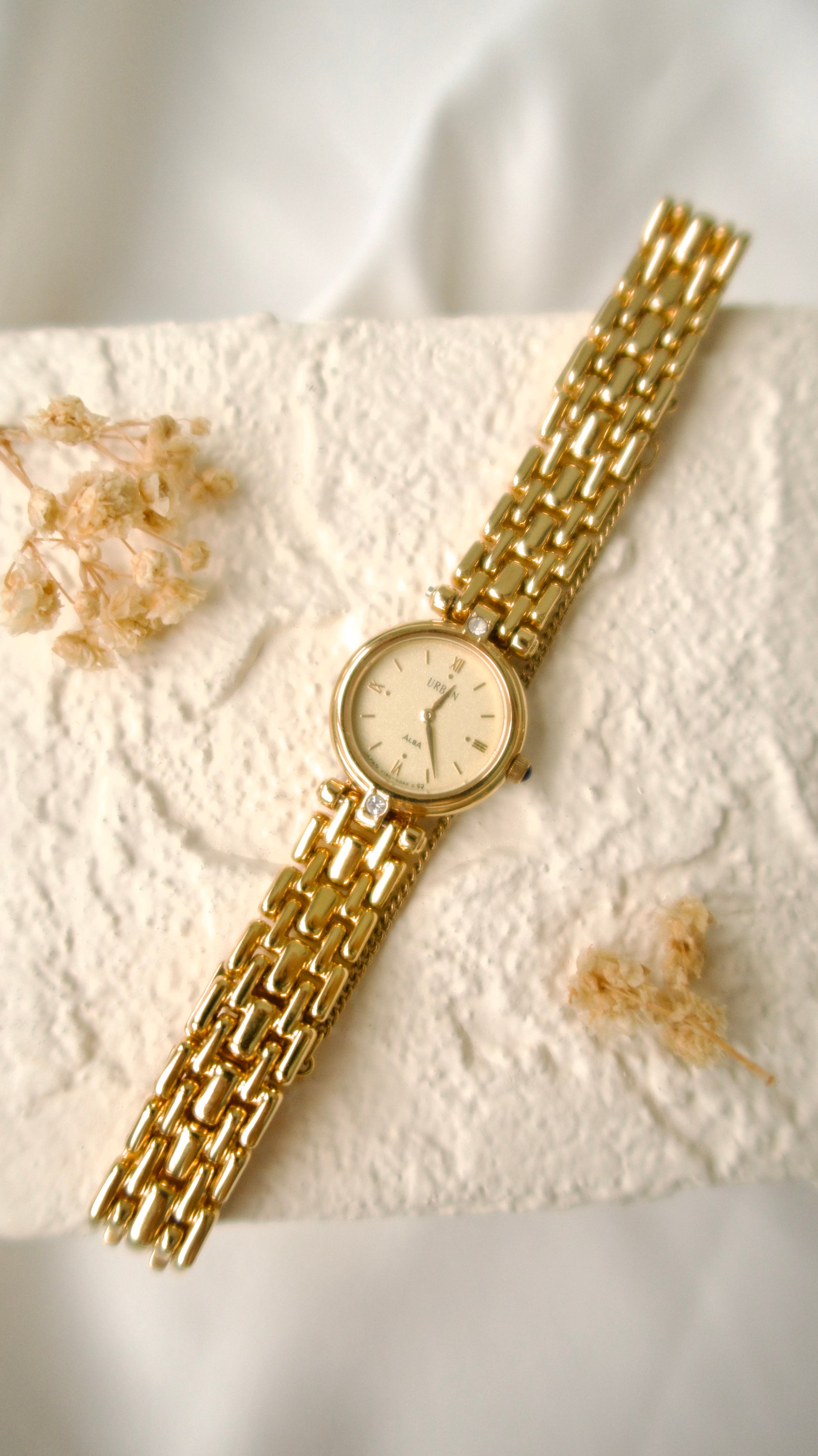 S. Alba Urban Gold Round Dial 2 Diamonds with Gold Chain Watch