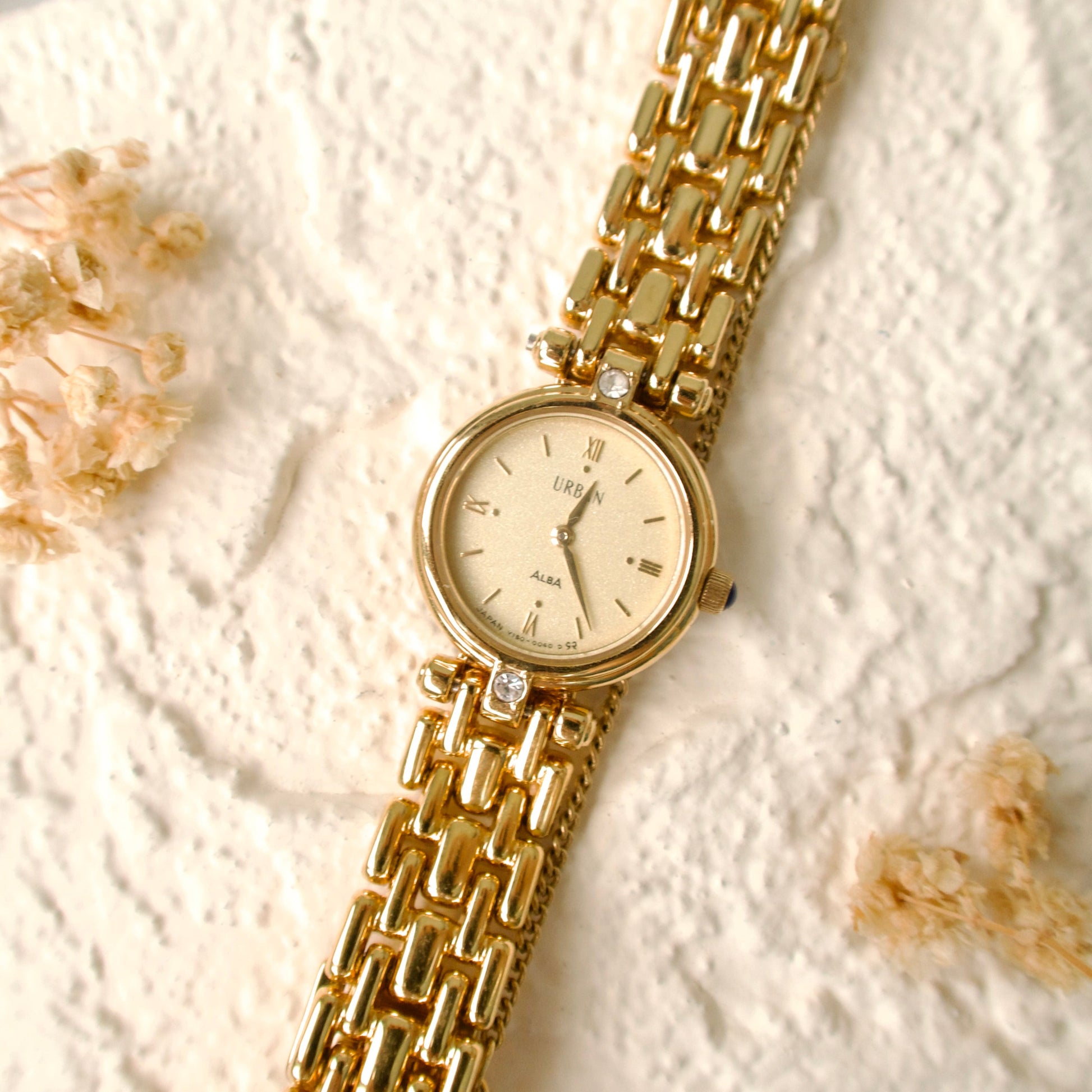S. Alba Urban Gold Round Dial 2 Diamonds with Gold Chain Watch