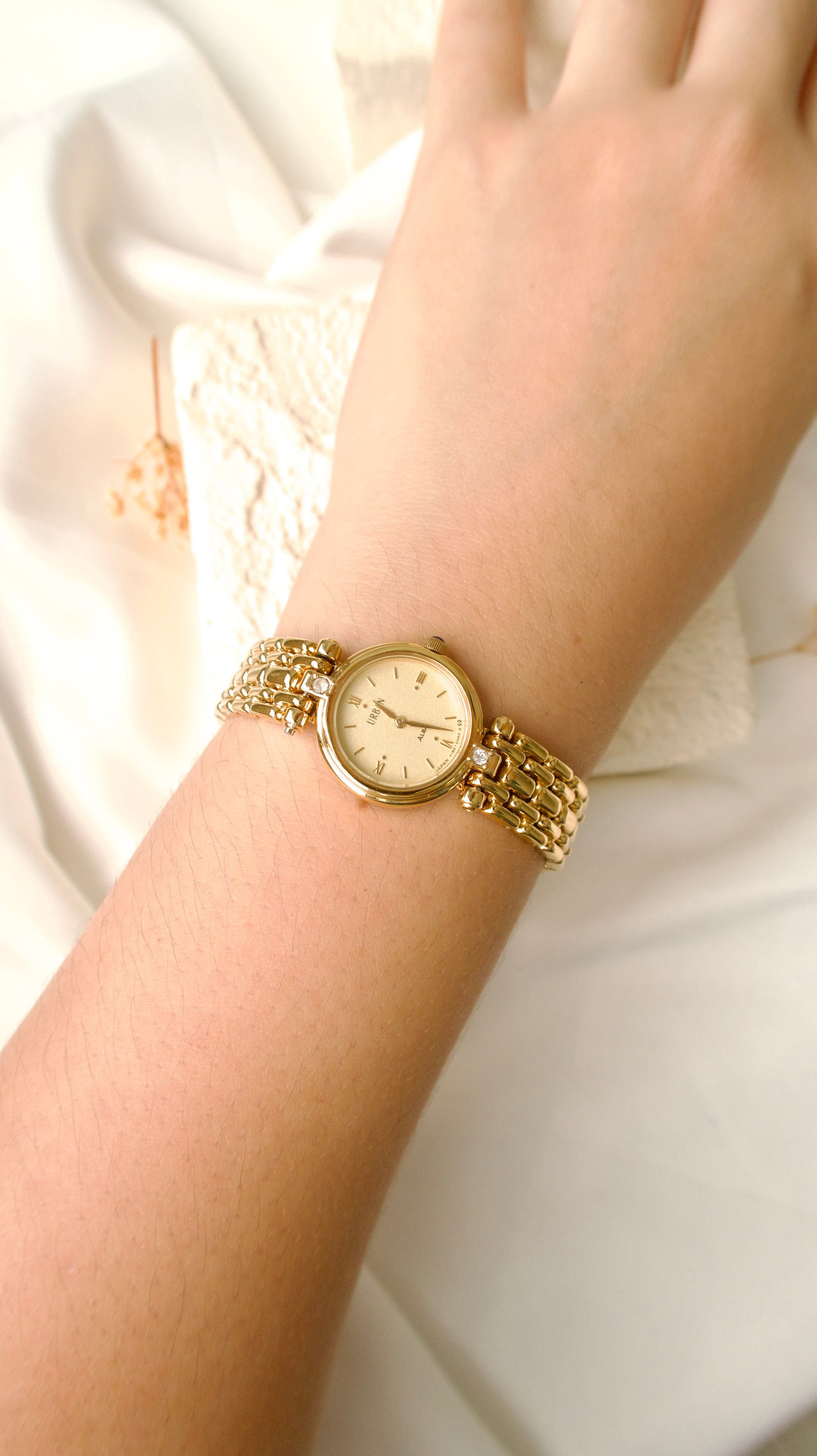 S. Alba Urban Gold Round Dial 2 Diamonds with Gold Chain Watch