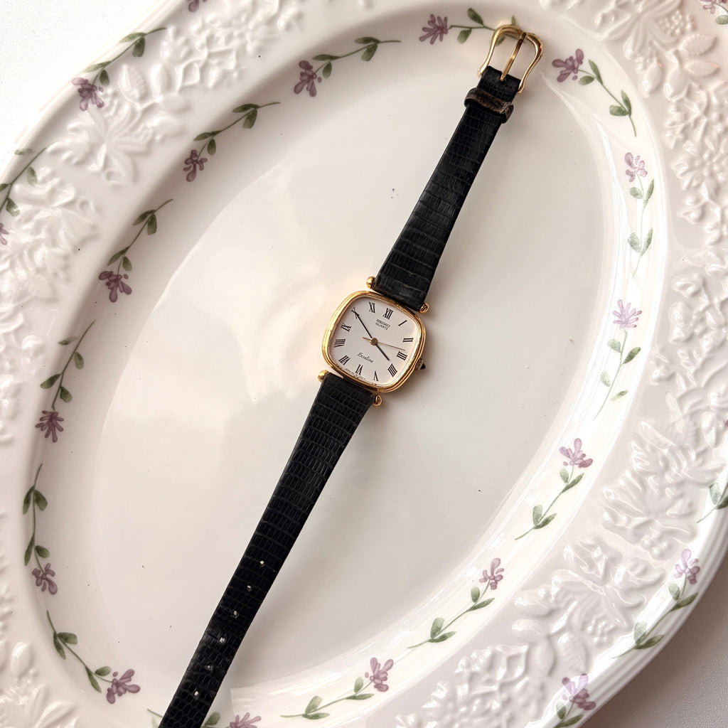 S. Exceline White Square Roman Dial Black Strap Watch