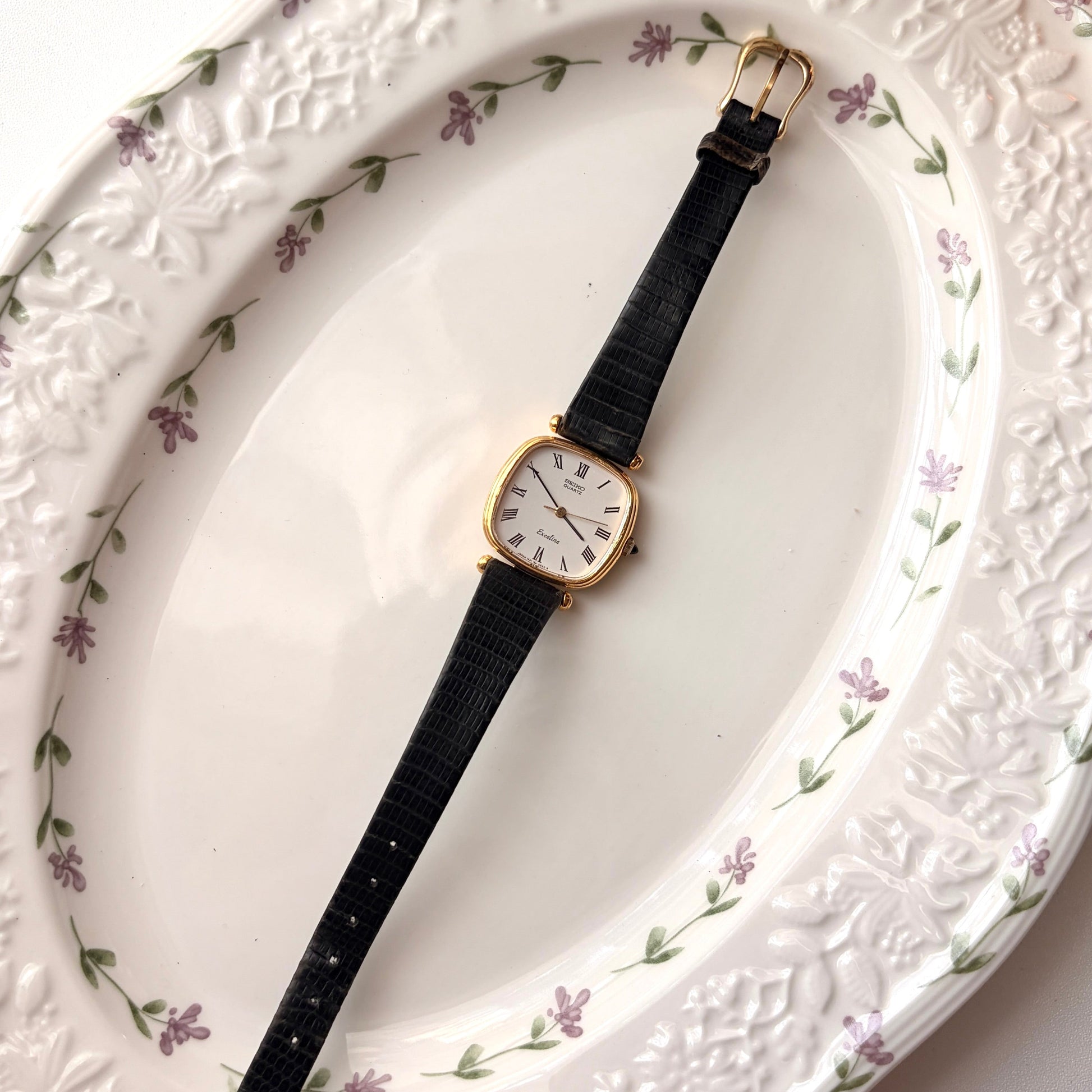 S. Exceline White Square Roman Dial Black Strap Watch