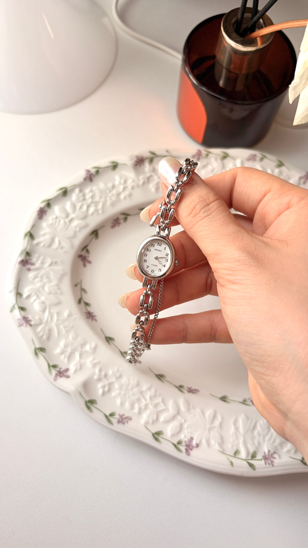 S. Tisse White Oval Dial Silver Chain Watch