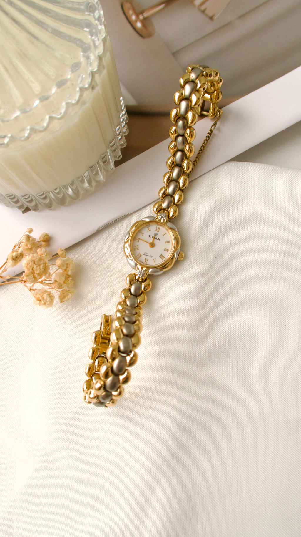 CY. Louis XV Beige Round 2P White Jewels Dial with Two Tone Chain Watch