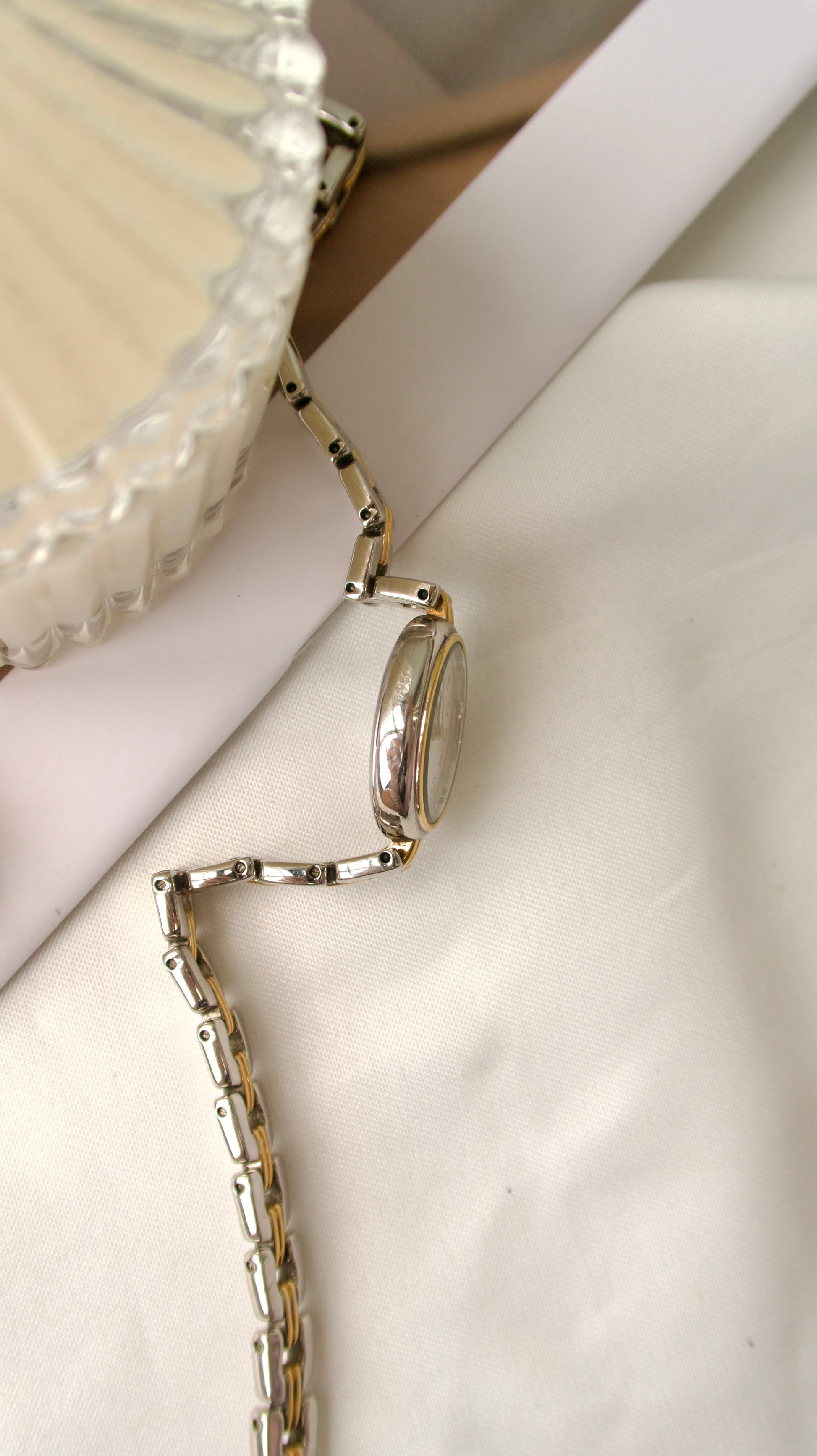 S. Oval White Dial with Two Tone Chain Watch
