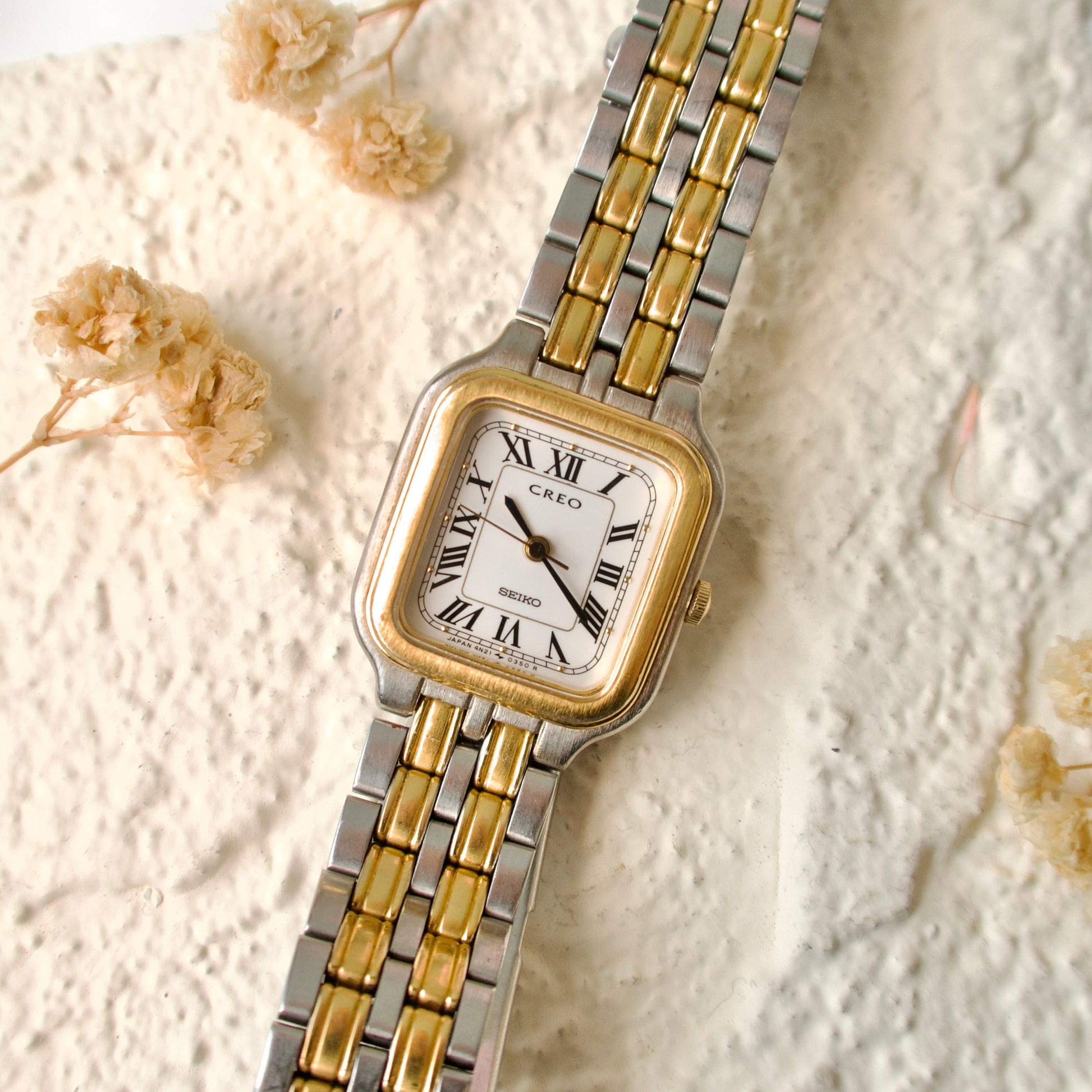 S. Creo Square White Roman Dial with Two Tone Chain Watch