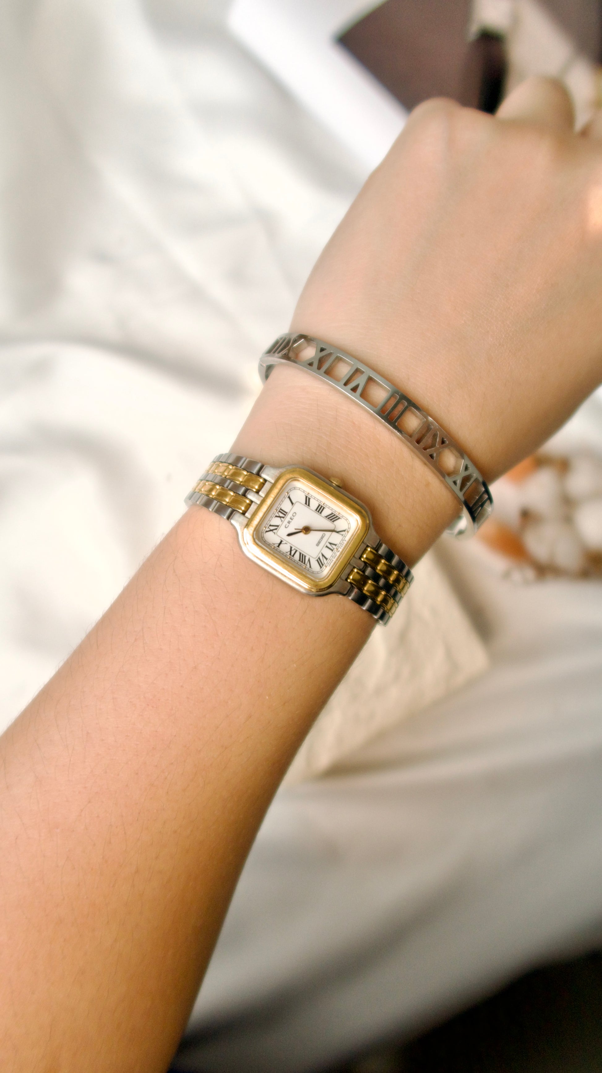 S. Creo Square White Roman Dial with Two Tone Chain Watch