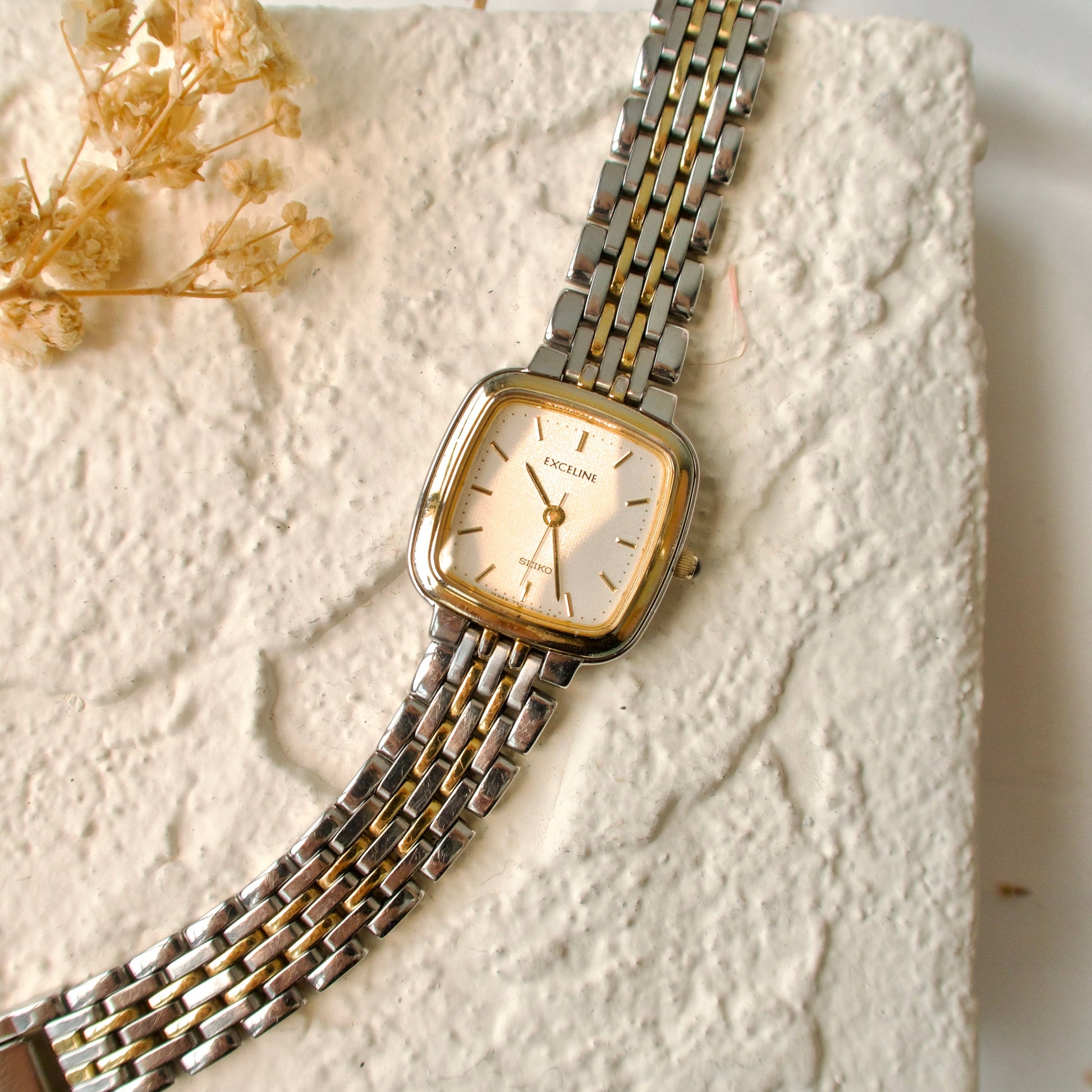 S. Exceline Square Beige Dial with Two Tone Chain Watch