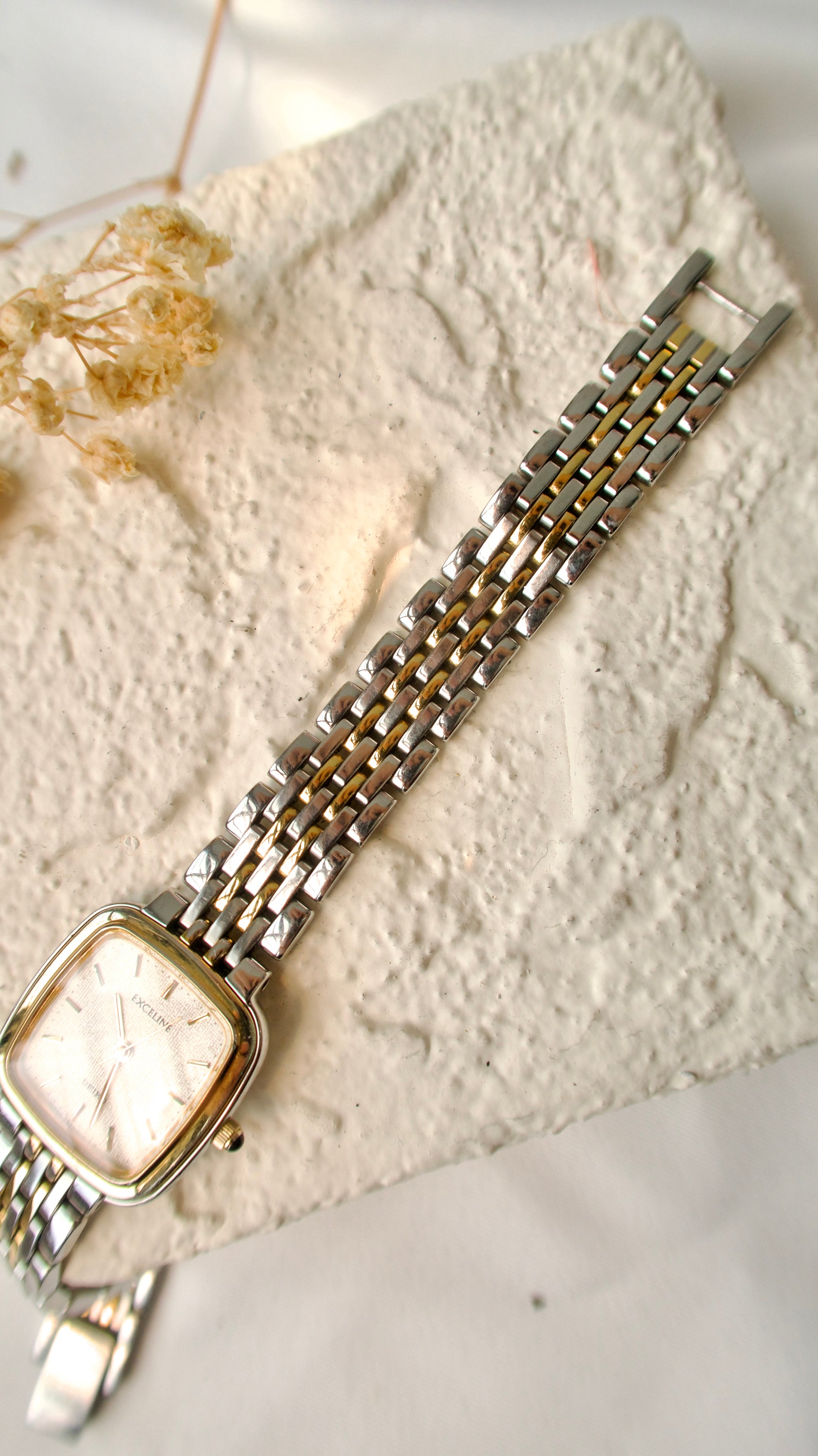 S. Exceline Square Beige Dial with Two Tone Chain Watch