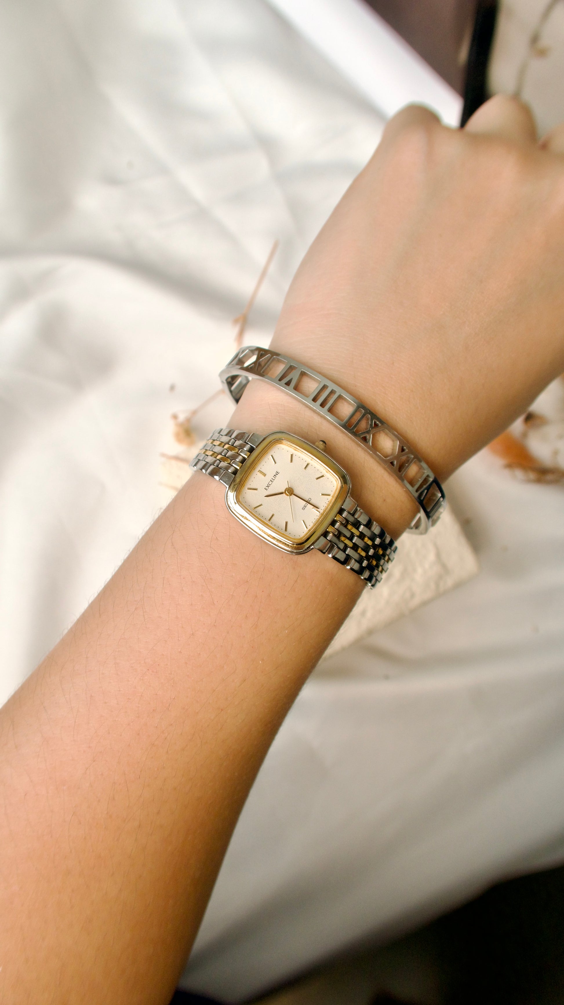 S. Exceline Square Beige Dial with Two Tone Chain Watch