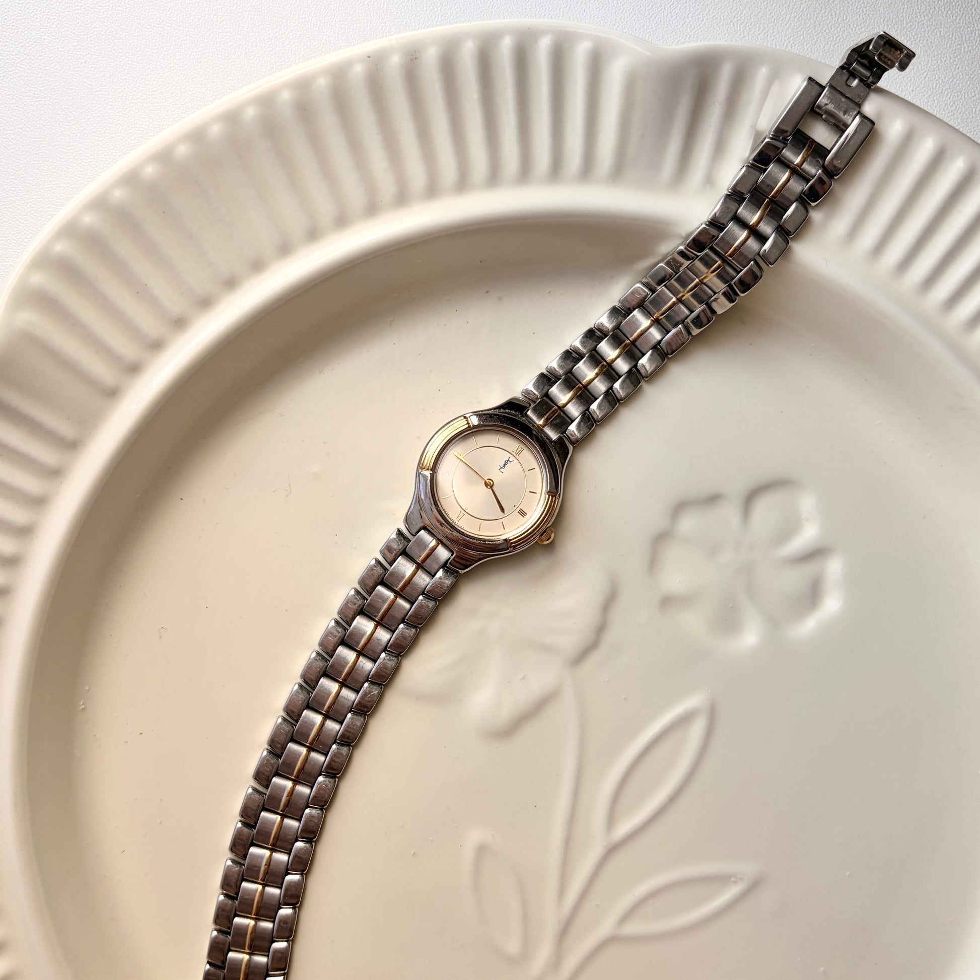 YS L Beige Round Dial with Two Tone Chain Watch
