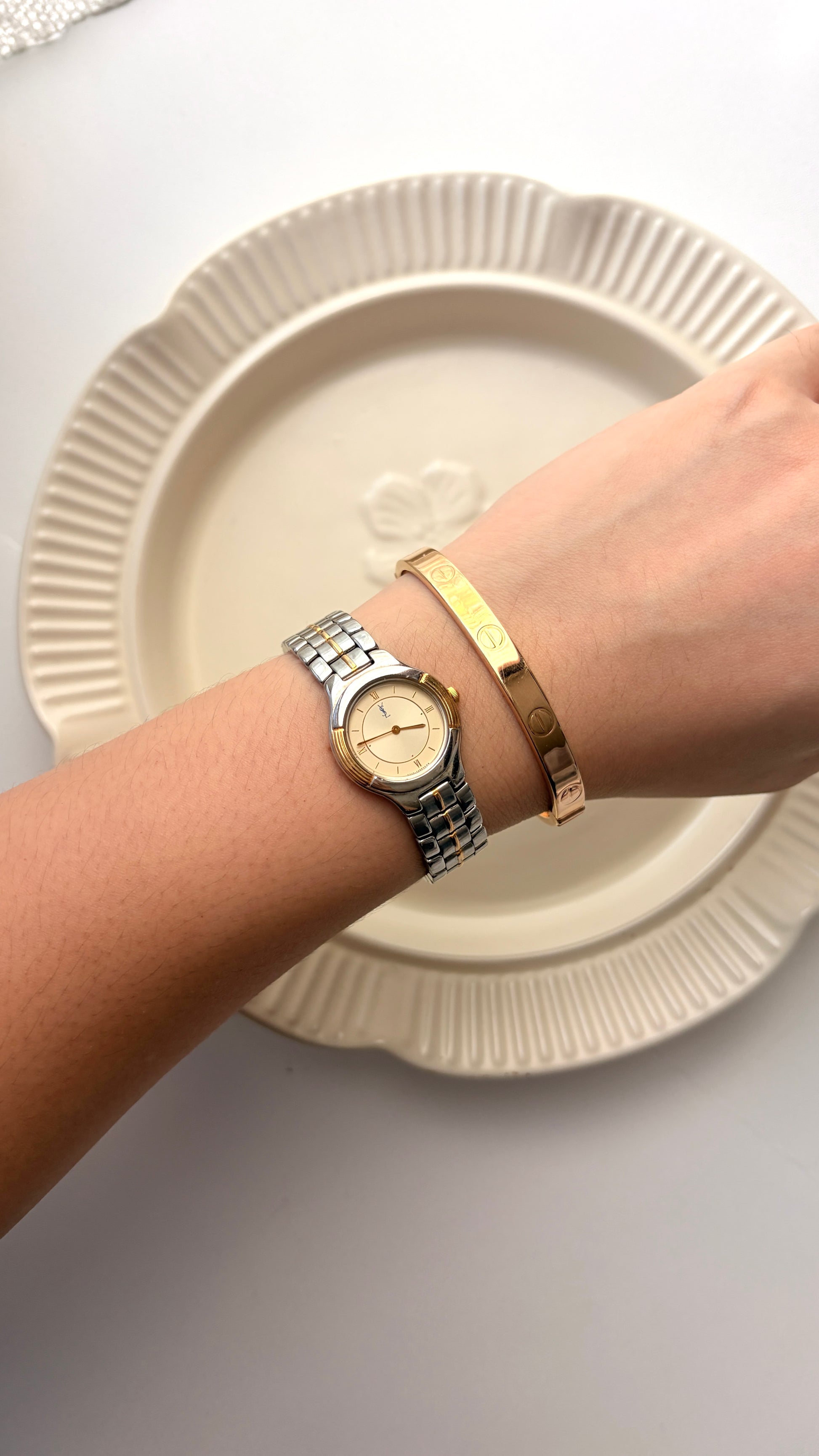 YS L Beige Round Dial with Two Tone Chain Watch