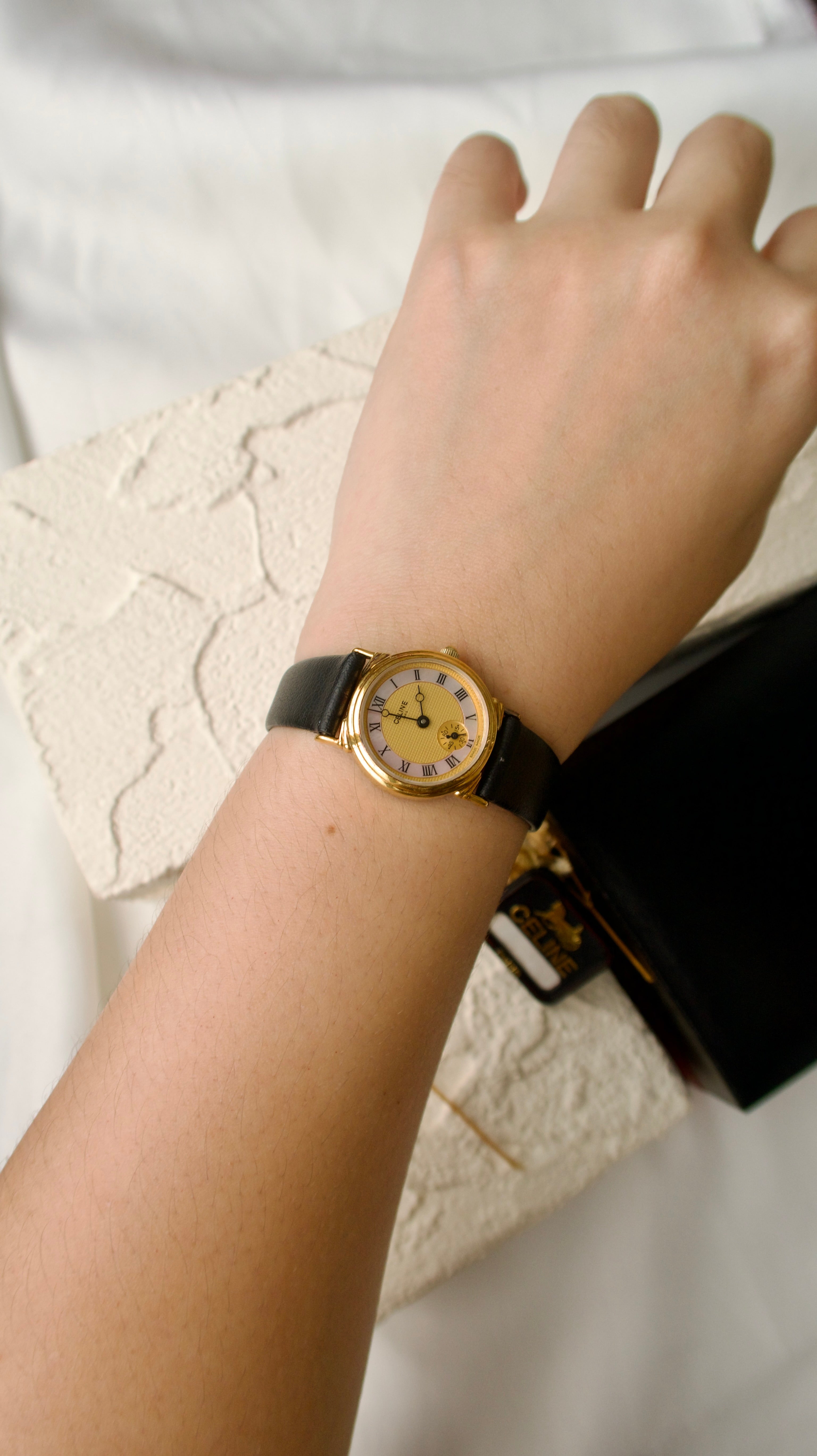 NEW IN BOX] CLN Gold MOP Round Dial with Black Leather Strap Watch
