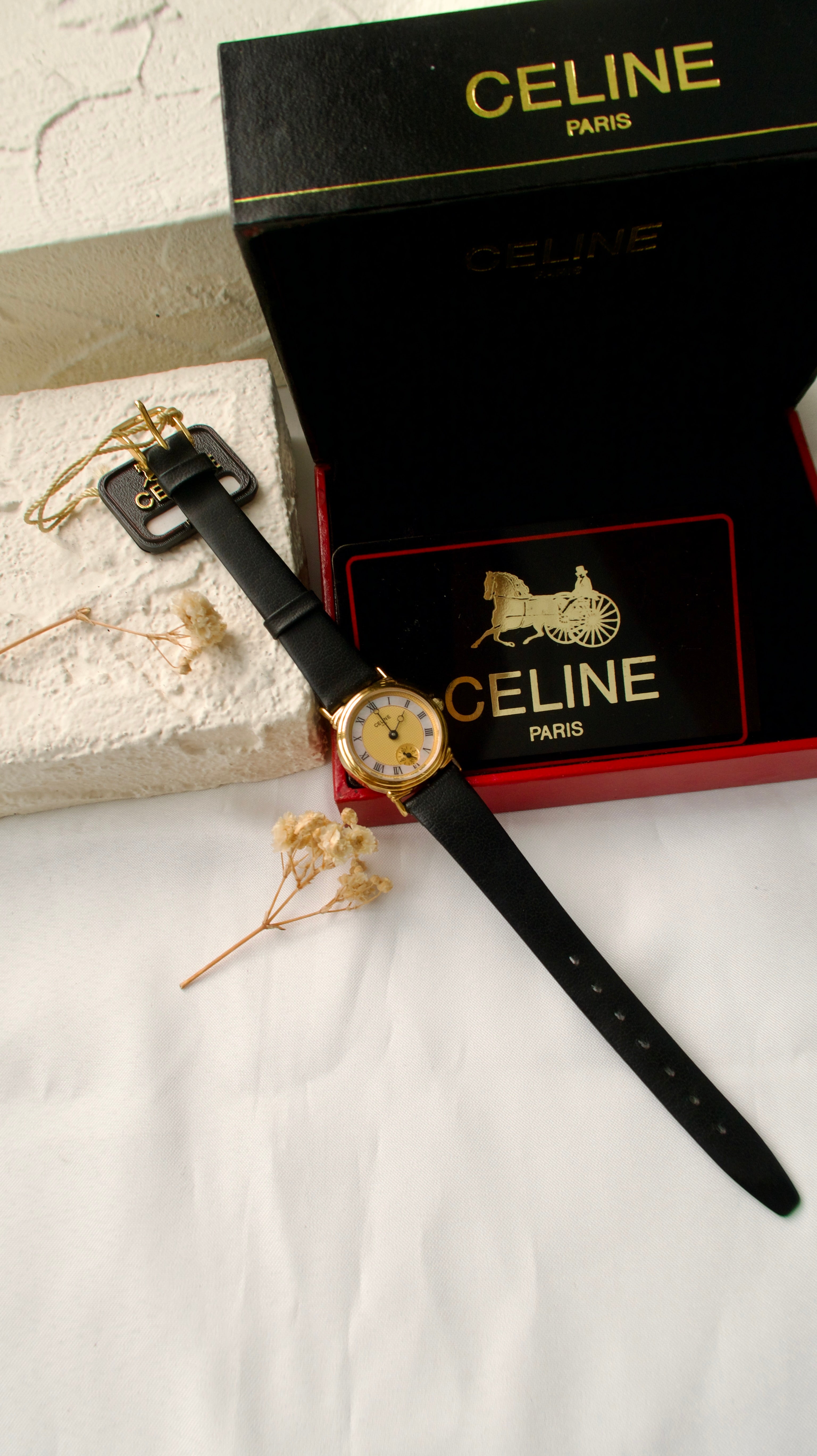NEW IN BOX] CLN Gold MOP Round Dial with Black Leather Strap Watch