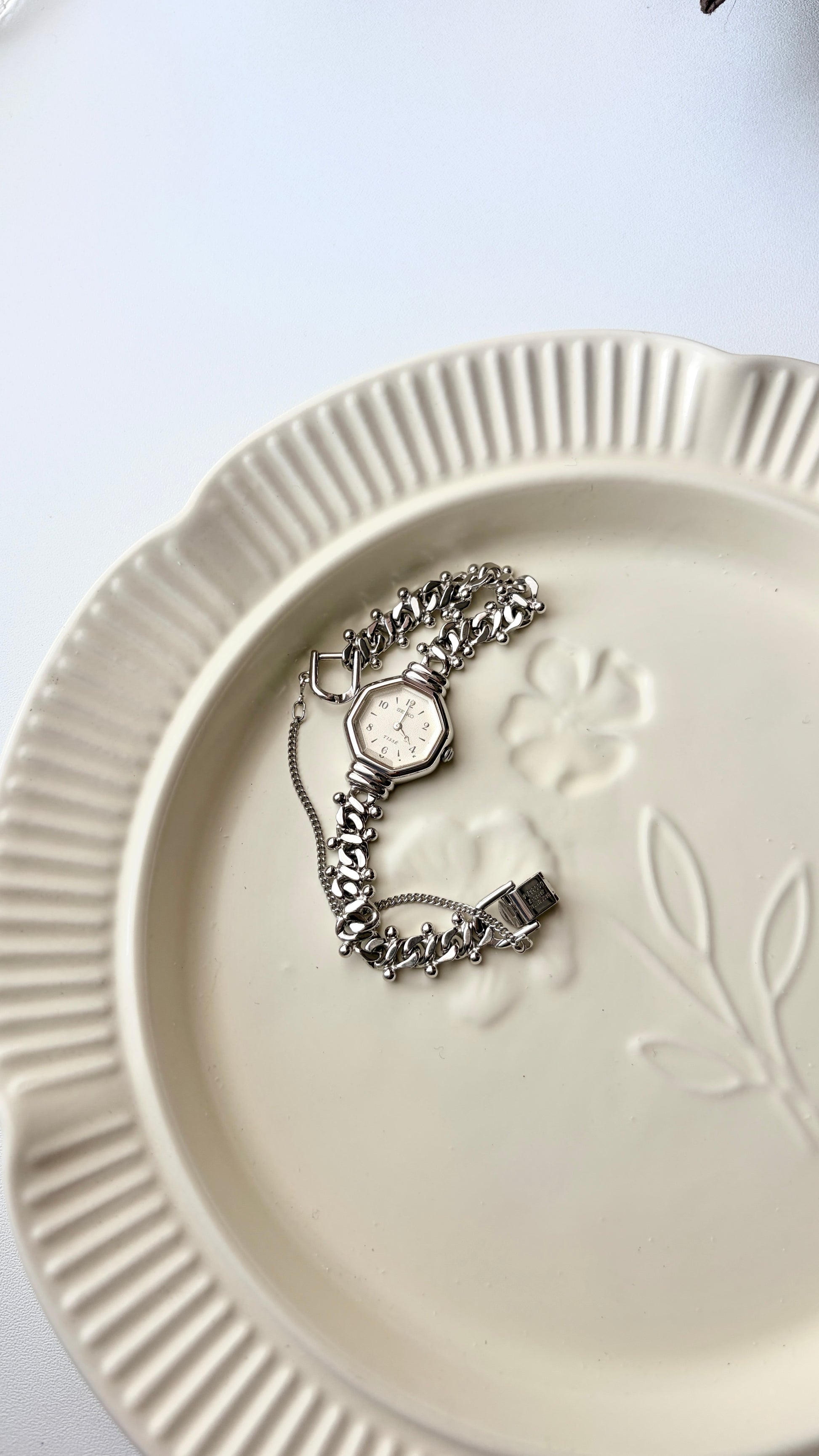 S. Tisse White Octagon Dial with Silver Chain Watch