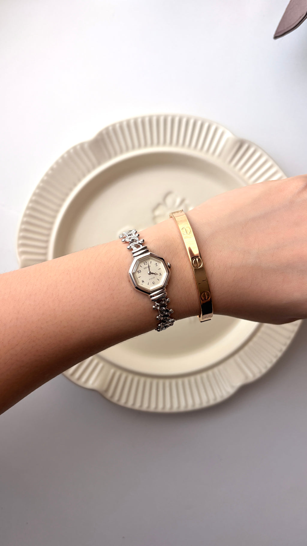 S. Tisse White Octagon Dial with Silver Chain Watch