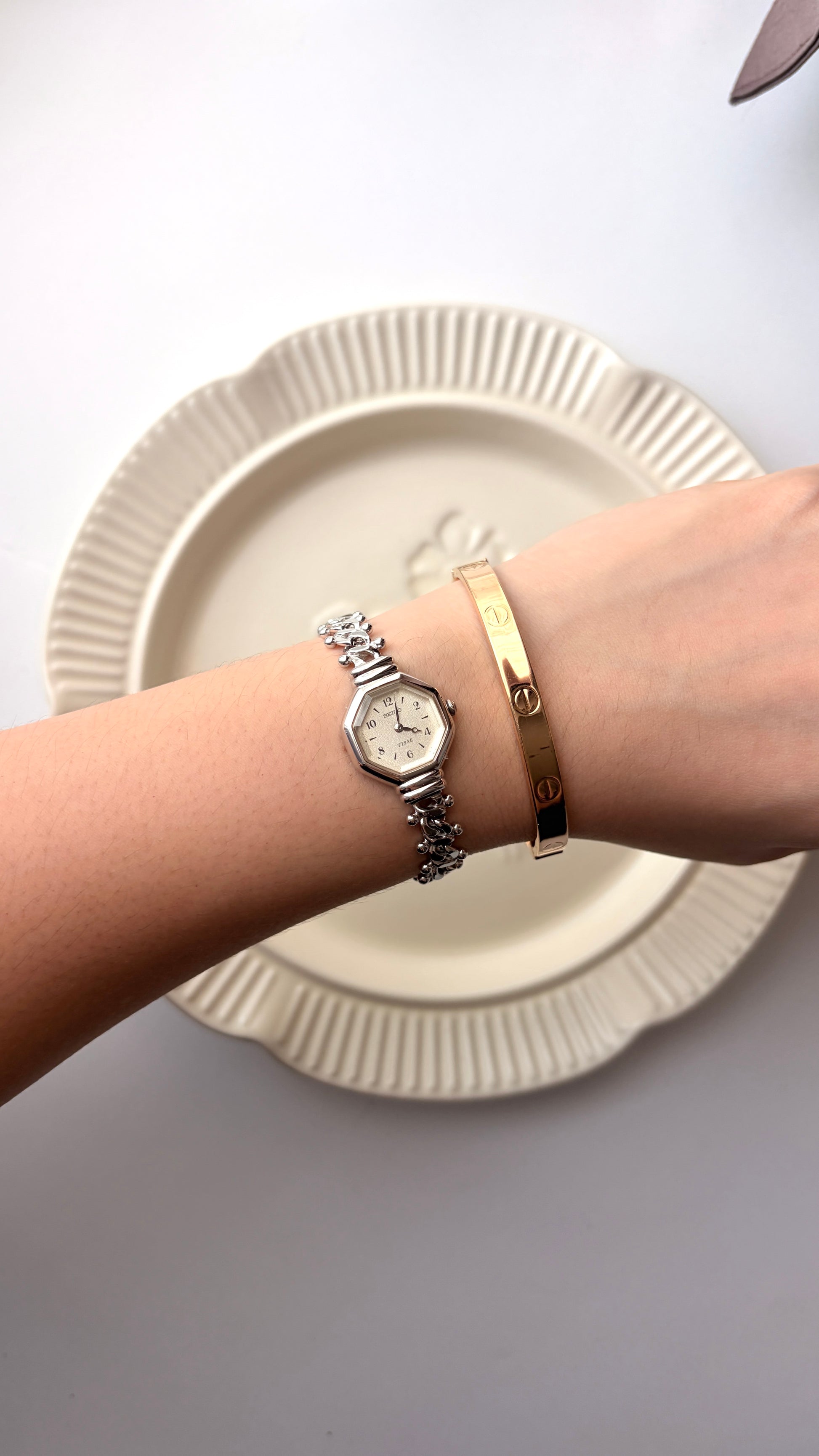 S. Tisse White Octagon Dial with Silver Chain Watch
