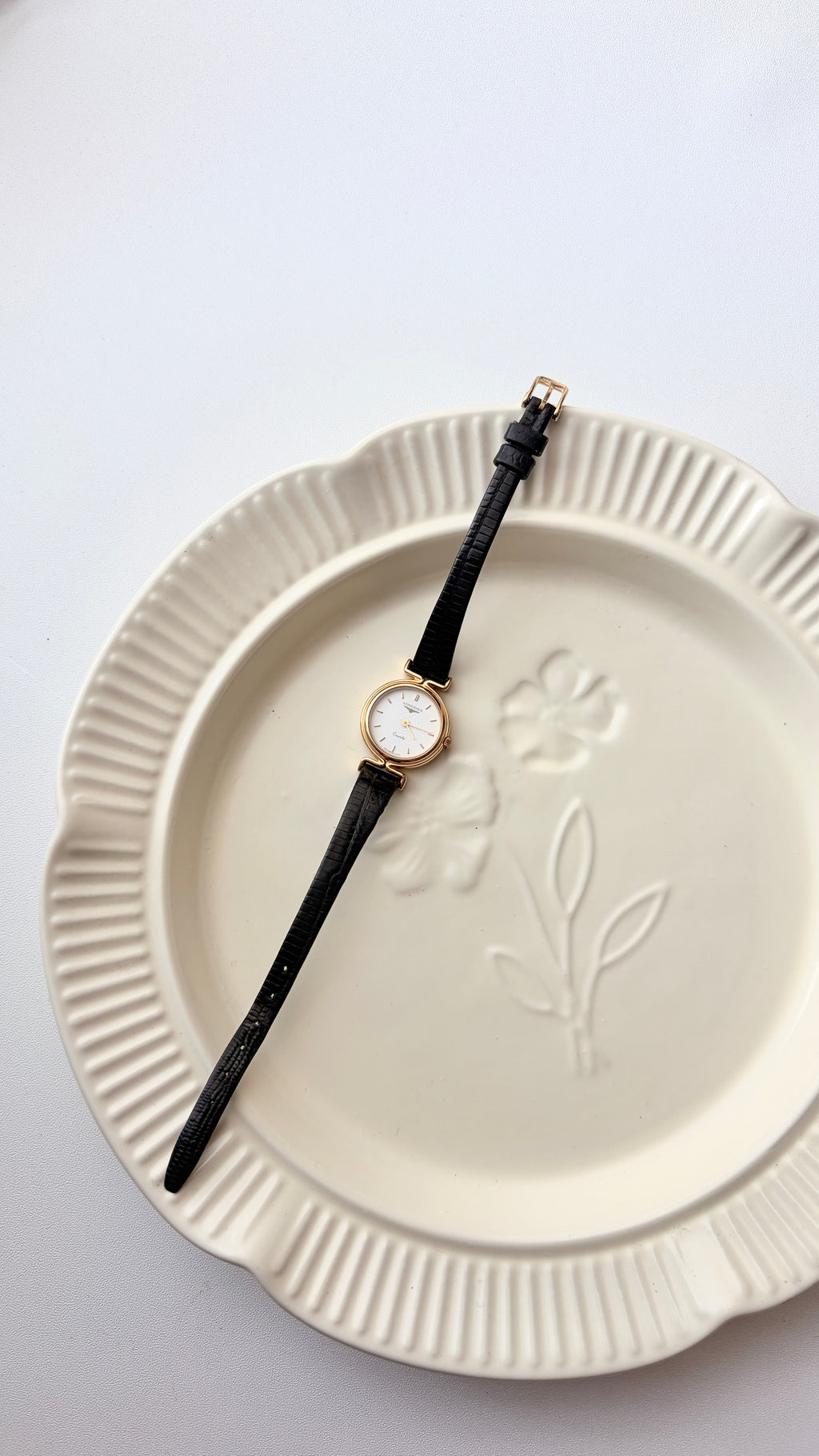 L. White Round Dial with Black Strap Watch