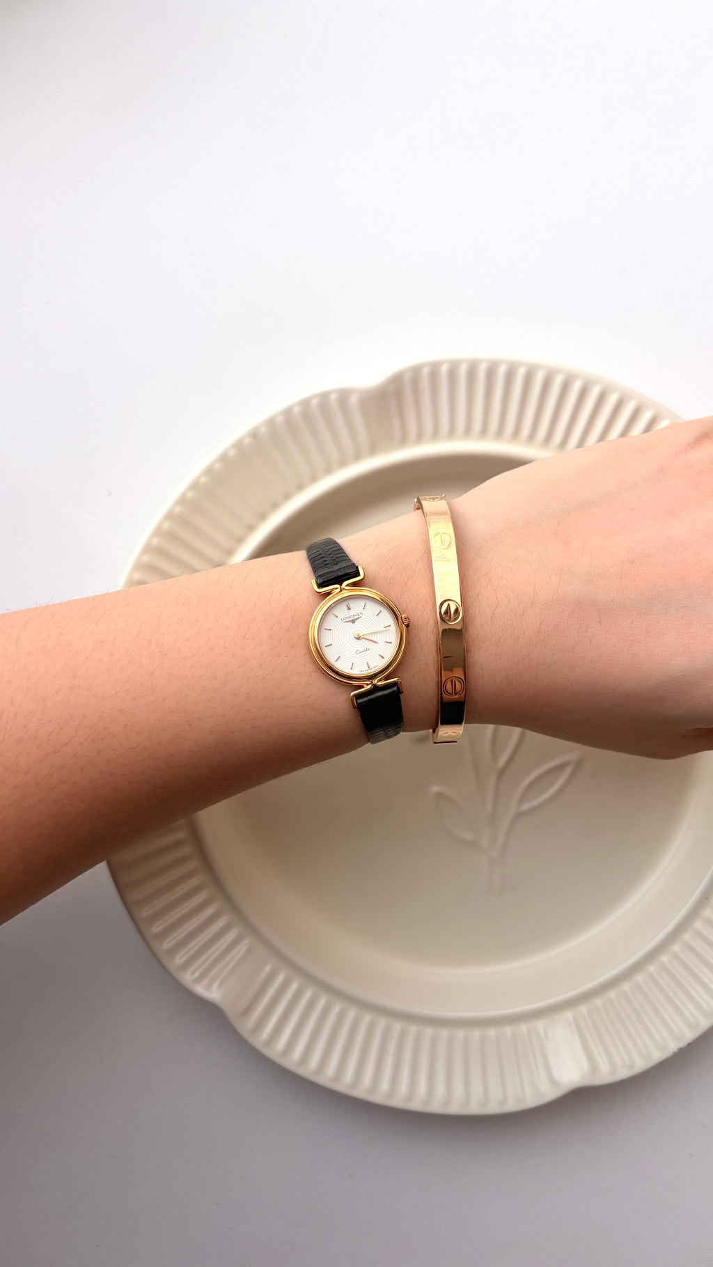 L. White Round Dial with Black Strap Watch