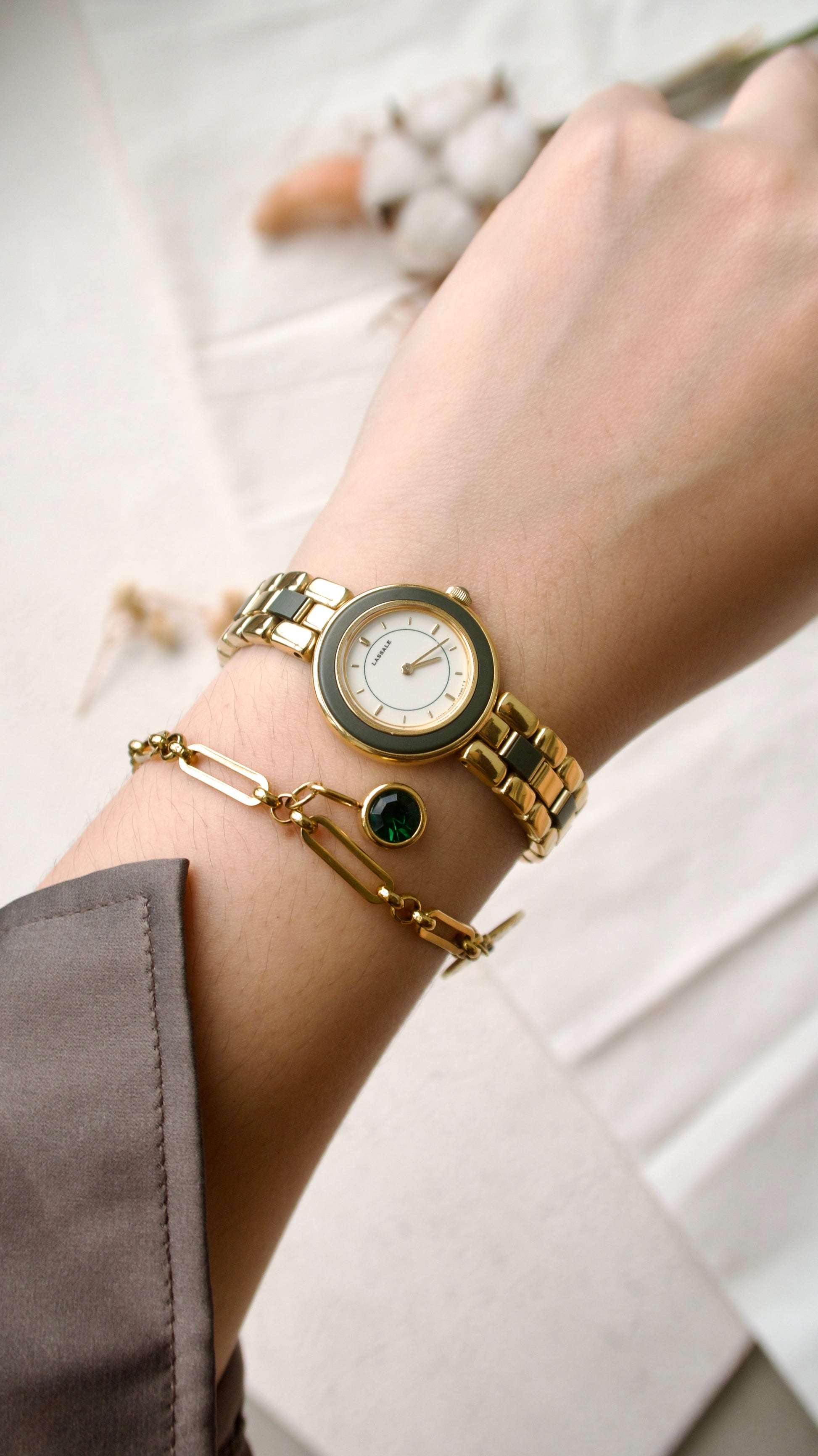 S. Lassale White Round Dial with Gold Green Chain Watch