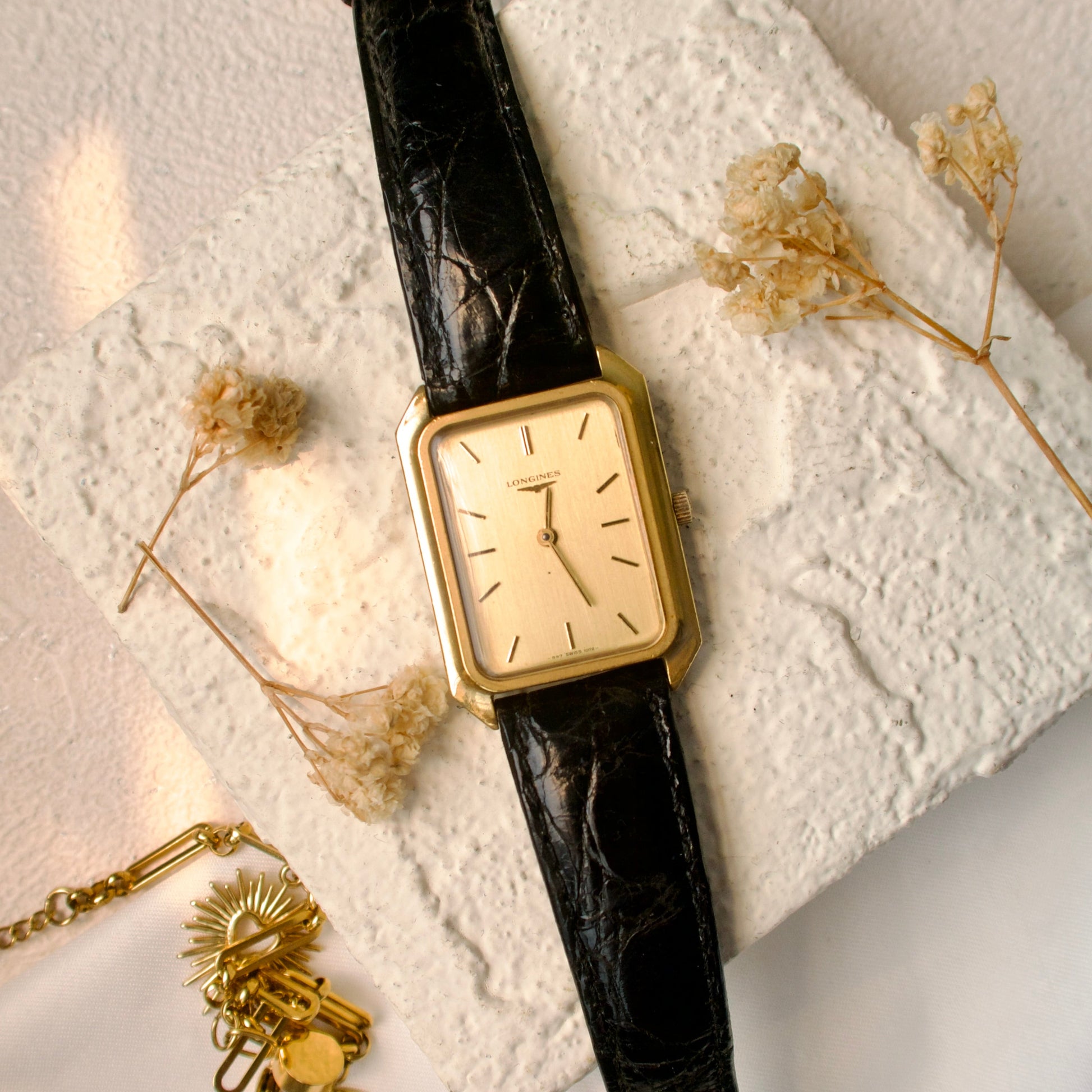 L. Gold Square Dial with Black Strap Watch