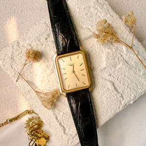 L. Gold Square Dial with Black Strap Watch