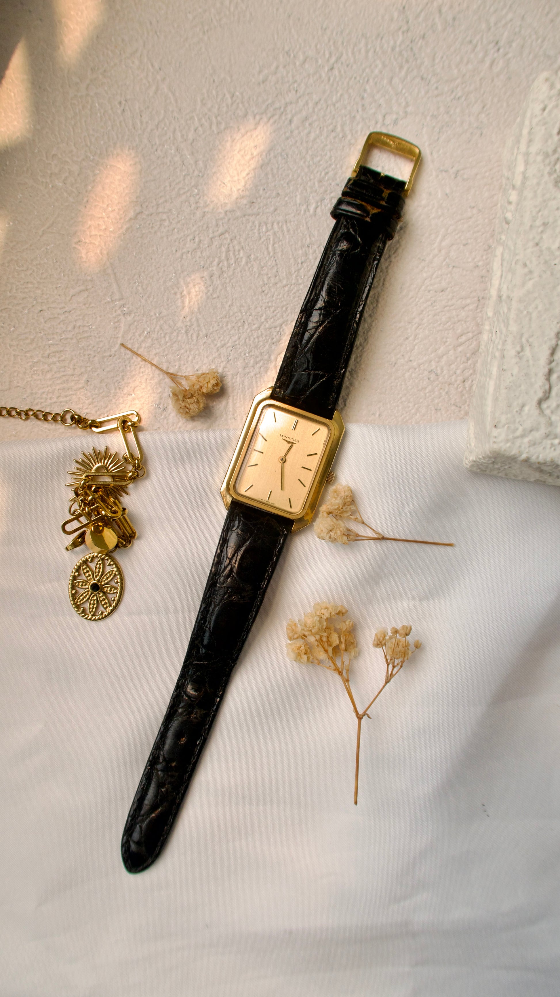 L. Gold Square Dial with Black Strap Watch