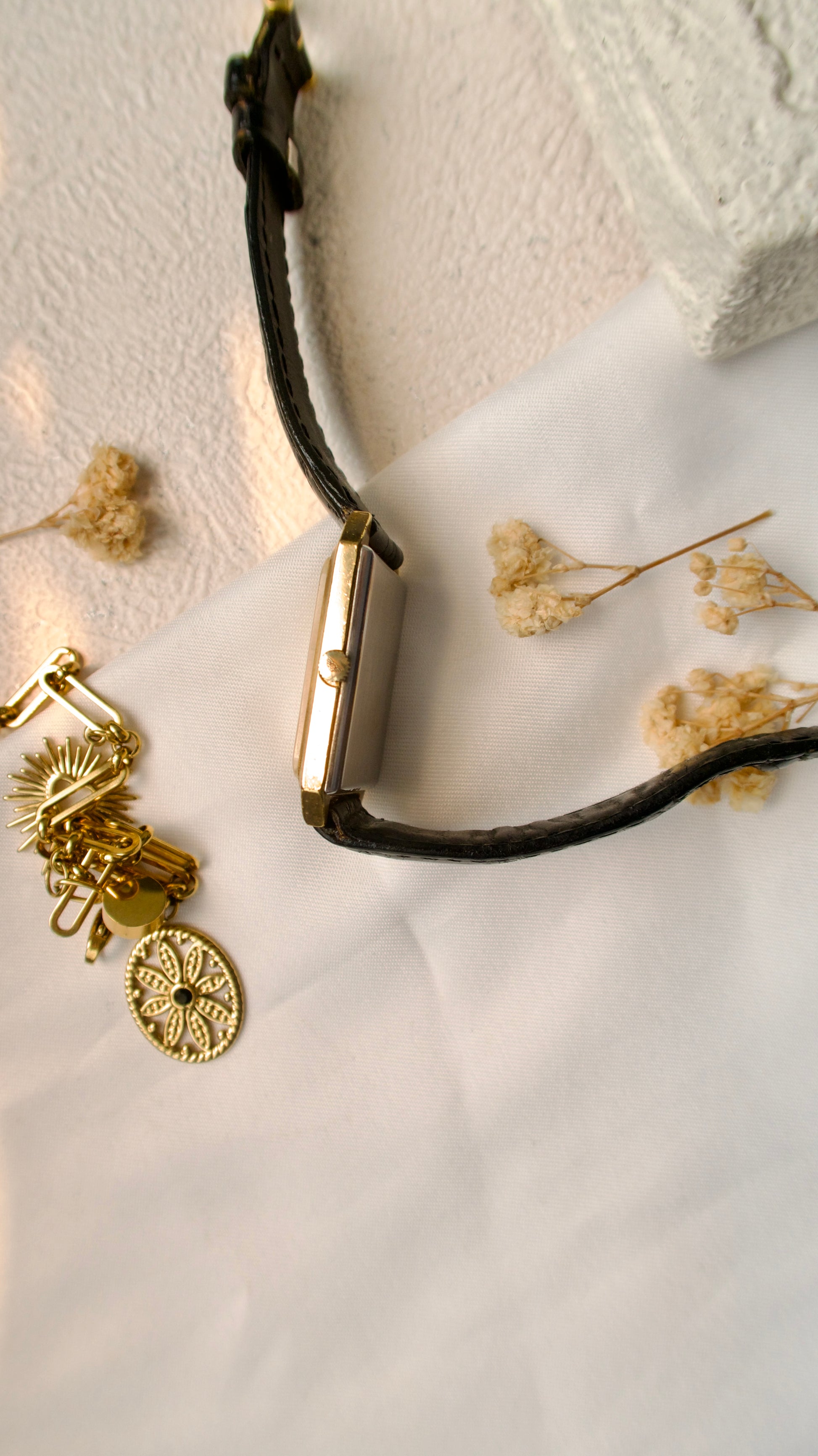 L. Gold Square Dial with Black Strap Watch