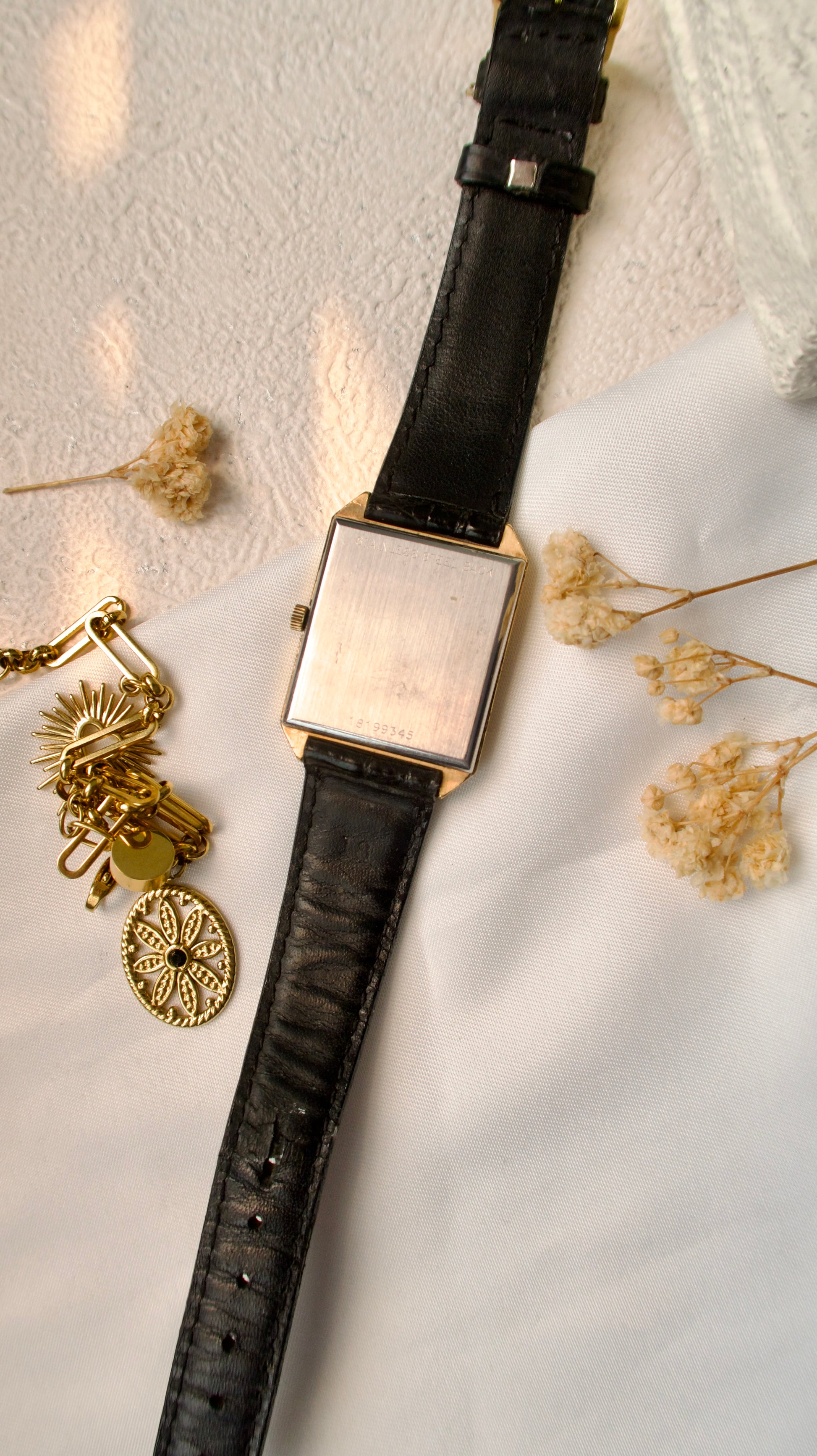 L. Gold Square Dial with Black Strap Watch