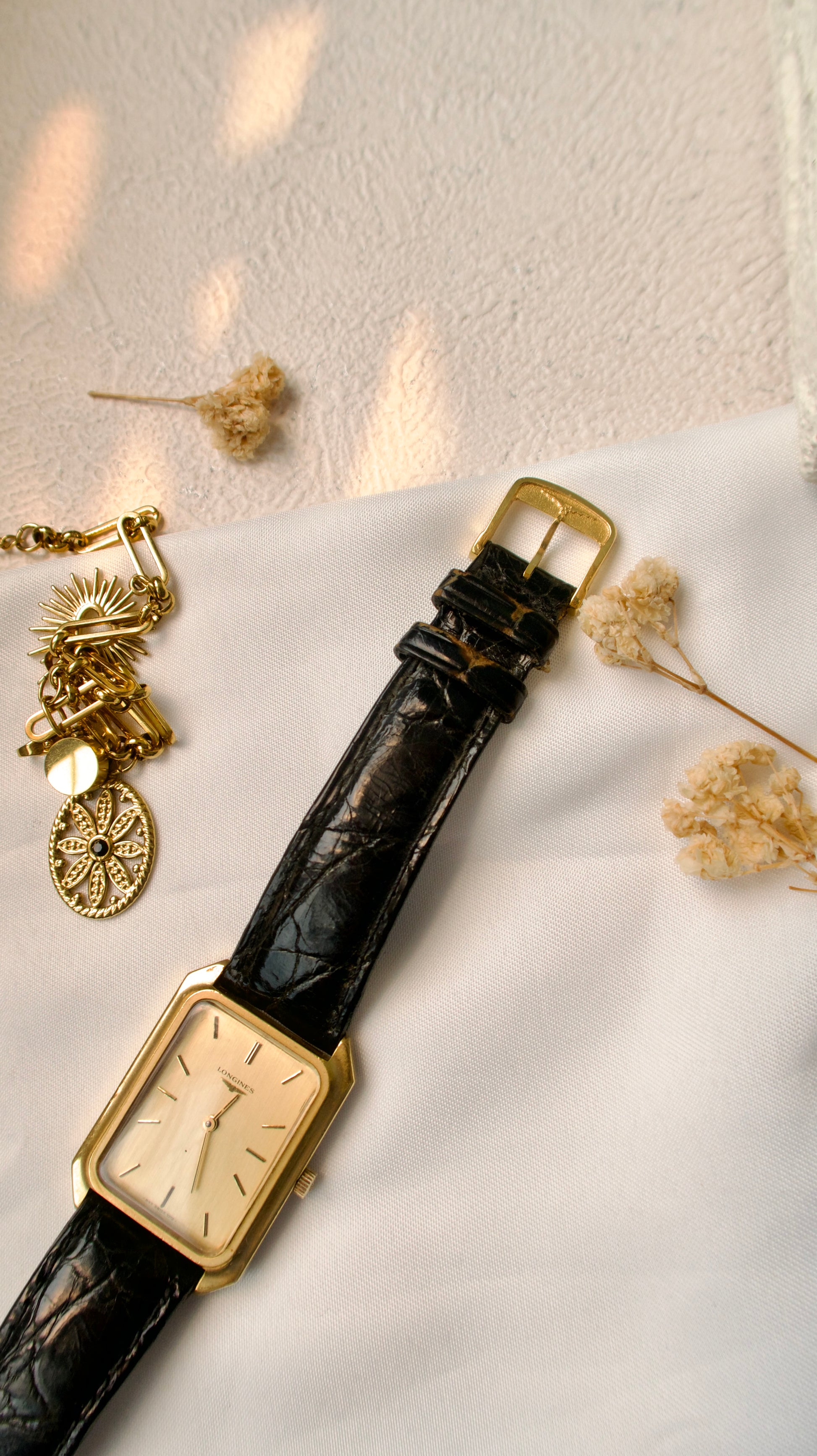 L. Gold Square Dial with Black Strap Watch